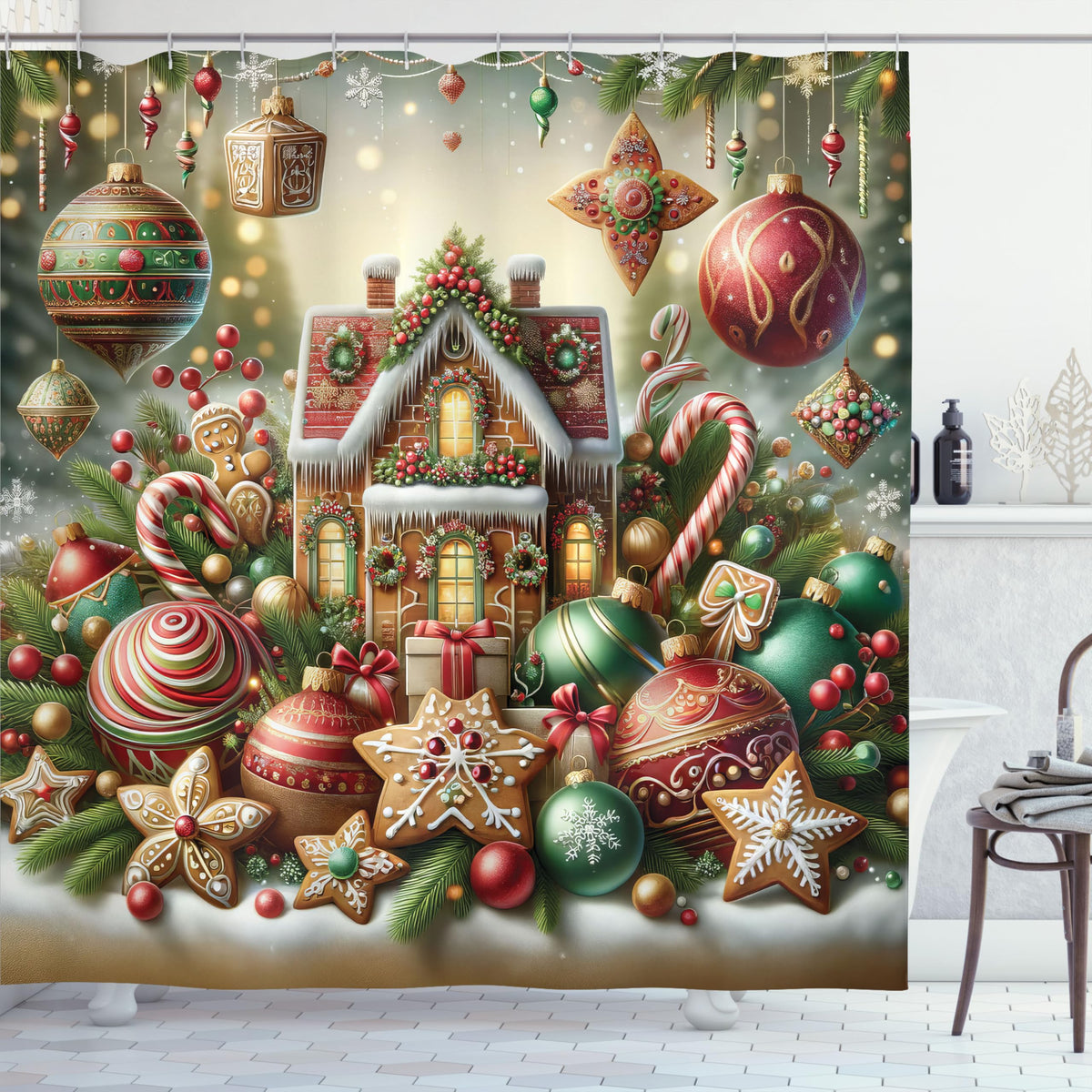 Ambesonne Christmas Shower Curtain, Gingerbread House With Jumble Xmas Ornaments With Snowy Details, Cloth Fabric Bathroom Decor