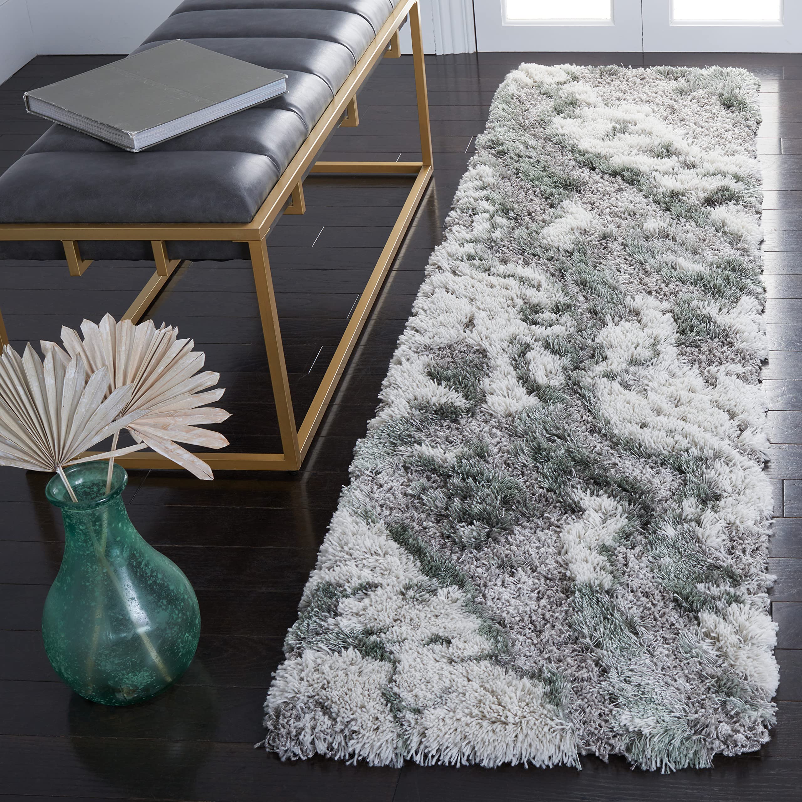 SAFAVIEH Horizon Shag Collection Runner Rug - 2 x 19, Grey & Green, Modern Abstract Design, Plush 2.5-inch Thick, Ideal for Hi