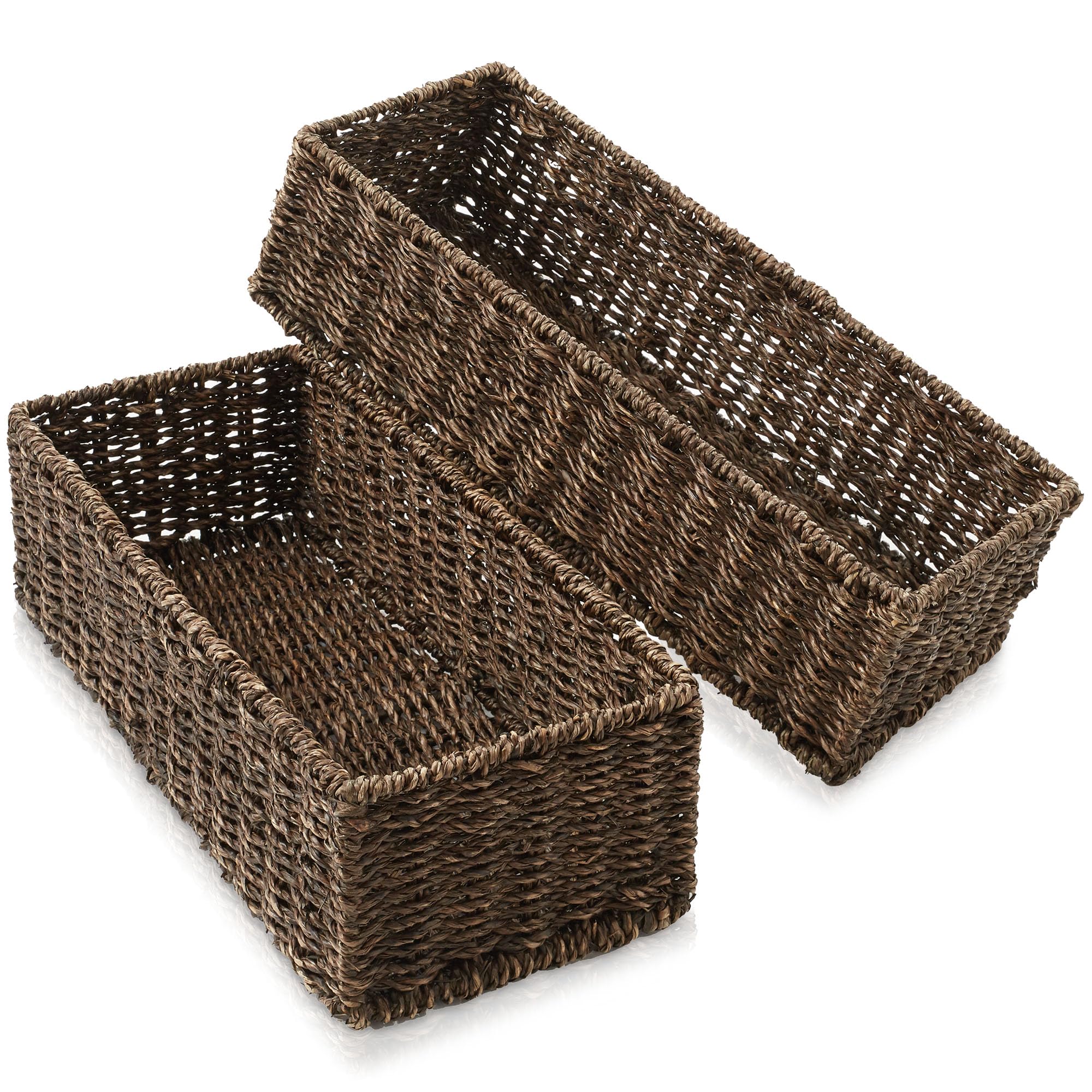 Casafield Set of 2 Bathroom Storage Baskets, Espresso - Seagrass, 16 W x 6.75 D x 4.25 H, Woven Toilet Tank Topper Bins for Orga