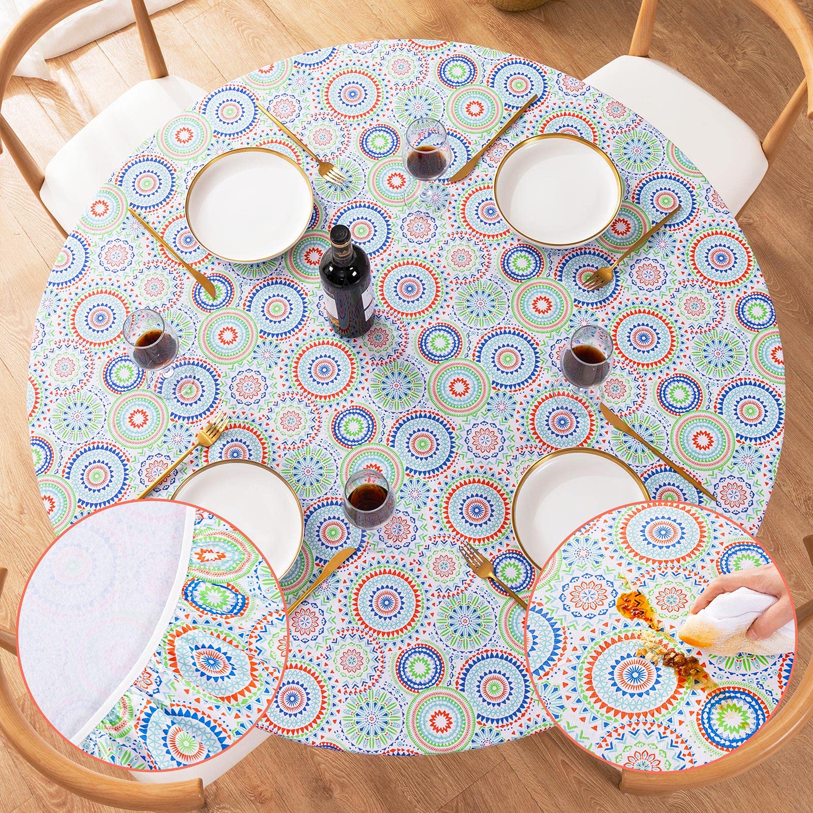 Umineux Round Fitted Vinyl Tablecloth With Elastic Edged & Flannel Backing, Waterproof, Round Table Cover For Indoor Outdoor Pat