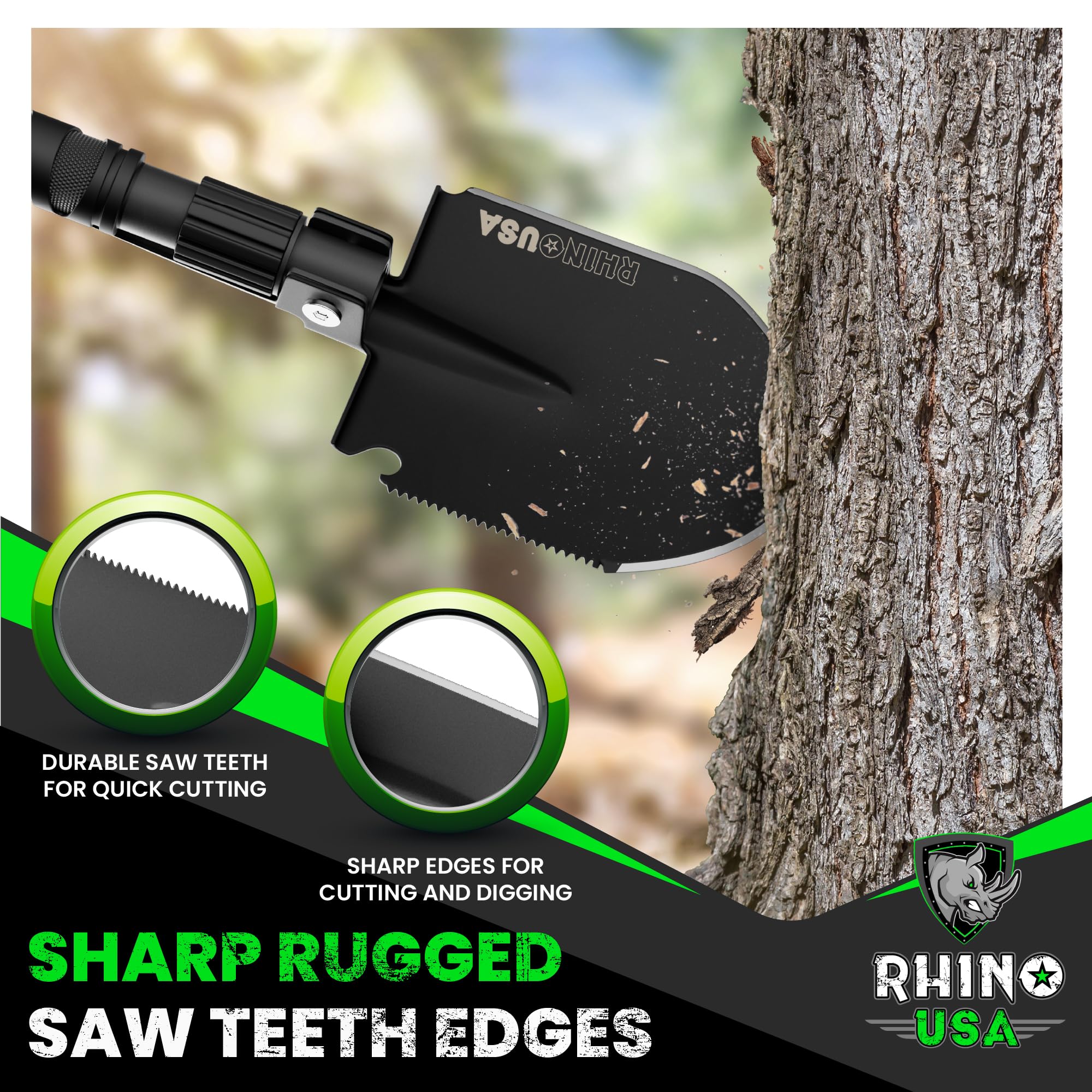 Rhino Usa Survival Shovel W/Pick - Heavy Duty Carbon Steel Military Style Entrenching Tool For Off Road, Camping, Gardening, Bea