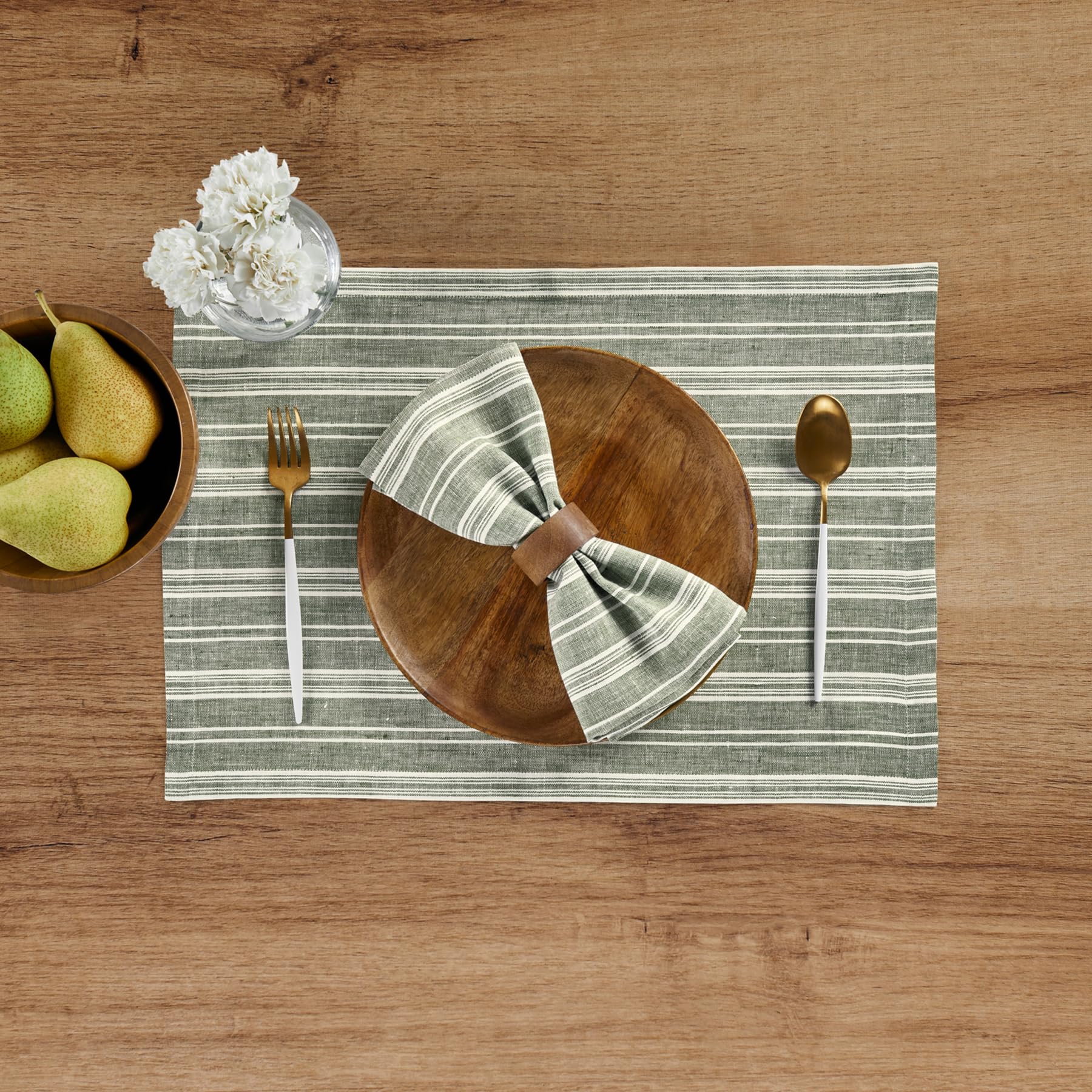Solino Home Stripe Linen Placemats 19'' L X 14'' W Inch - 100% Pure Linen Green And White Cloth Placemats Set Of 4 - Chelsea Str