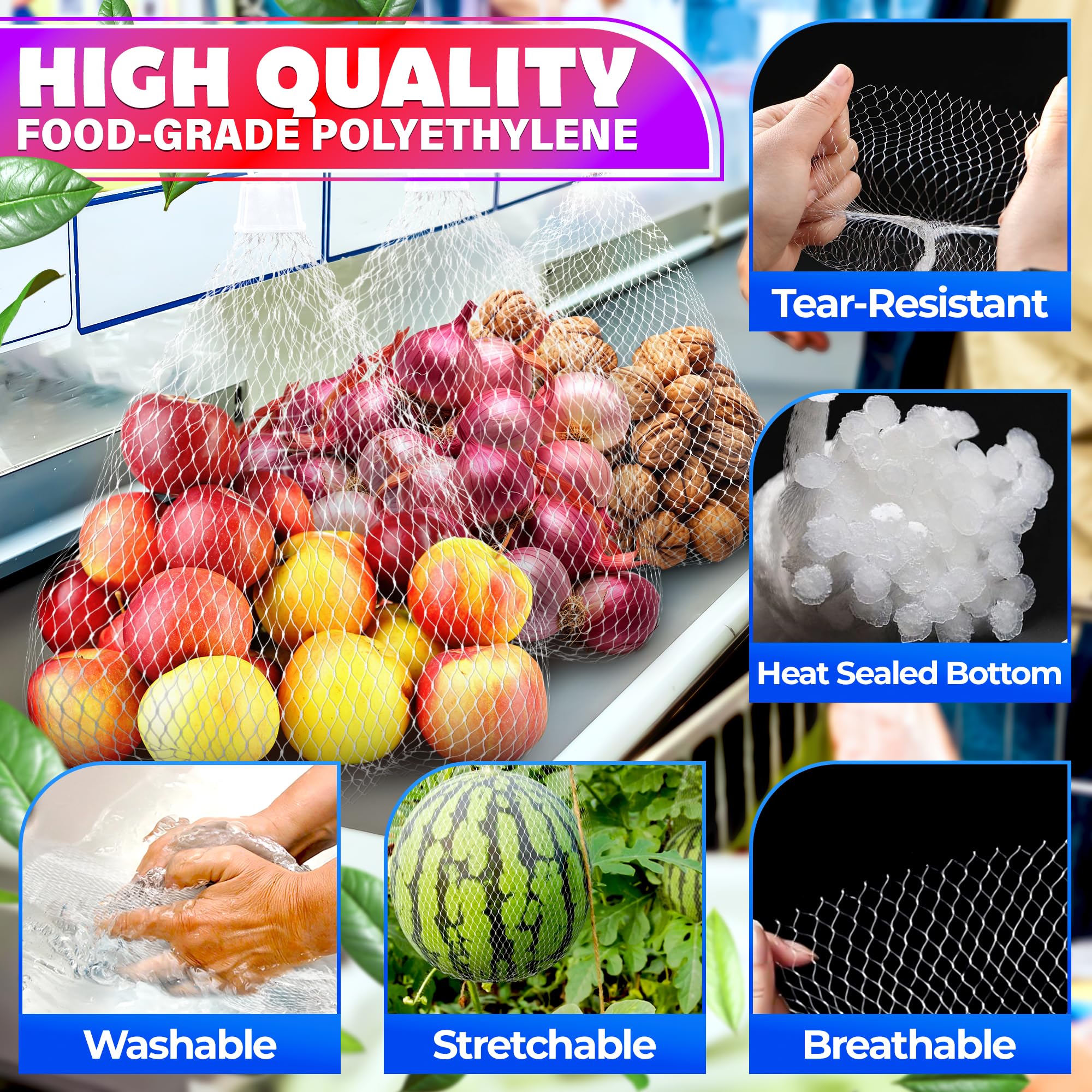 100Pcs Plastic Mesh Bags Drawstring Storage Bag - 24'' Fruit and Vegetable Storage Reusable Mesh Produce Bags Onion Net Bags Drawstring - Vegetable Bags Grocery Reusable Produce Bags Mesh Storage Bags