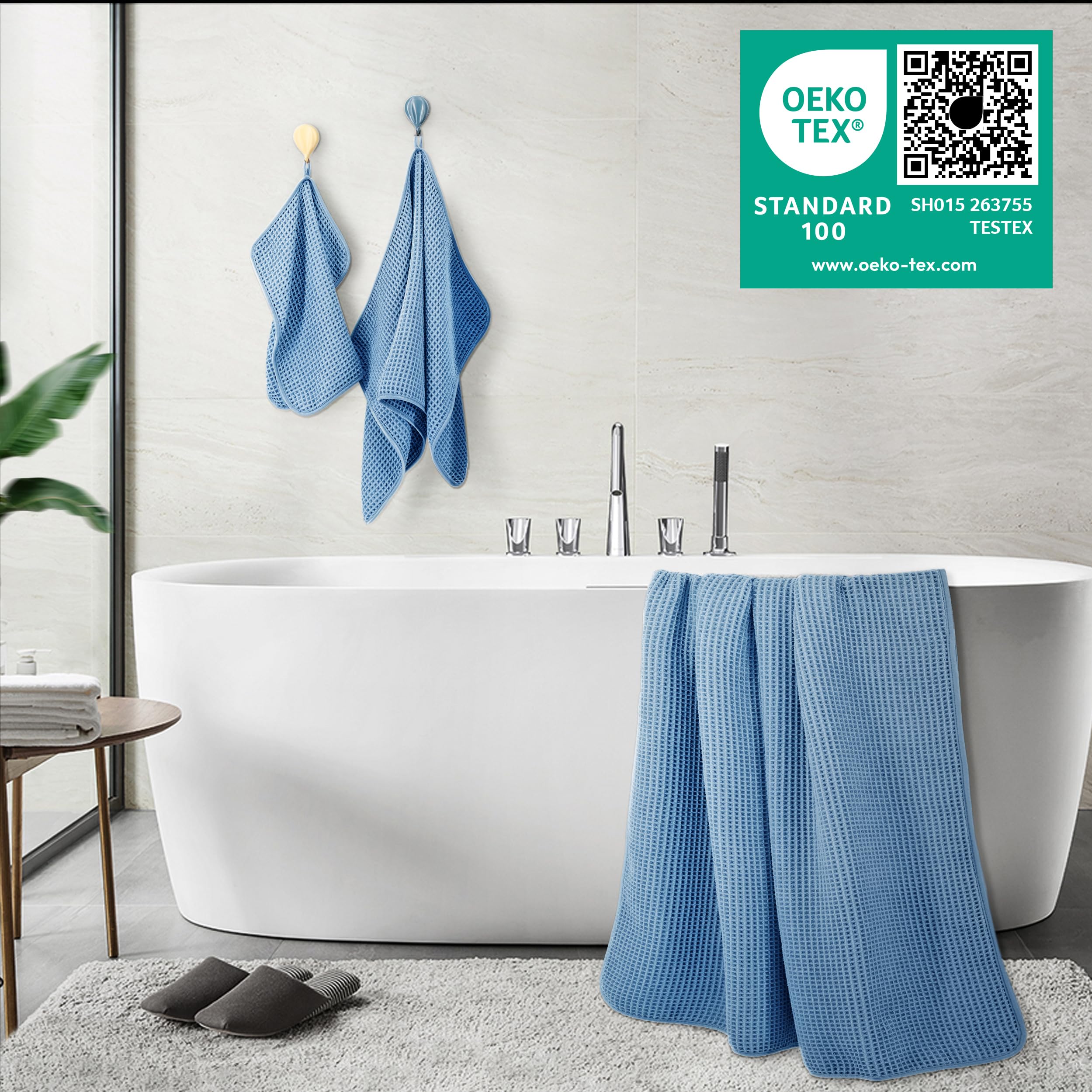 POLYTE Oversize  60 x 30 in.  Quick Dry Lint Free Microfiber Bath Towel Set  6 Piece (Blue  Waffle Weave)