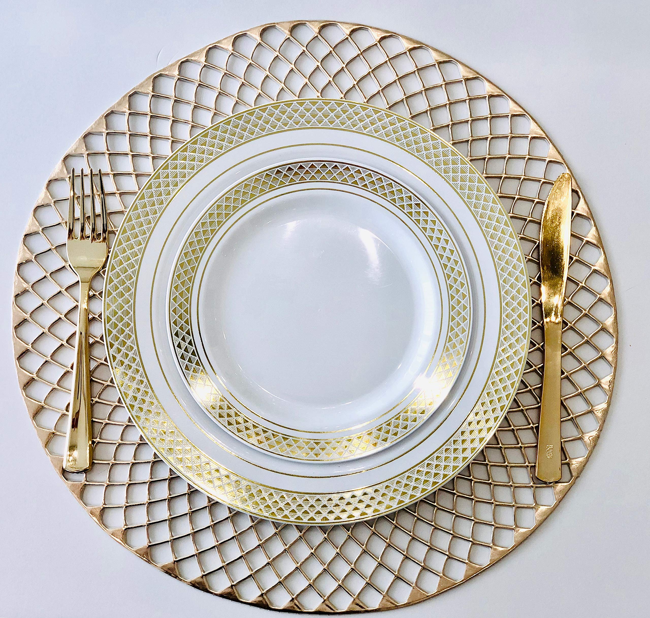 ' OCCASIONS '' 50 Plates Pack  Heavyweight Premium Disposable Plastic Plates Set (25 x 10.5'' Dinner + 25 x 6.25'' Cake plates) (Celebration White & Gold)