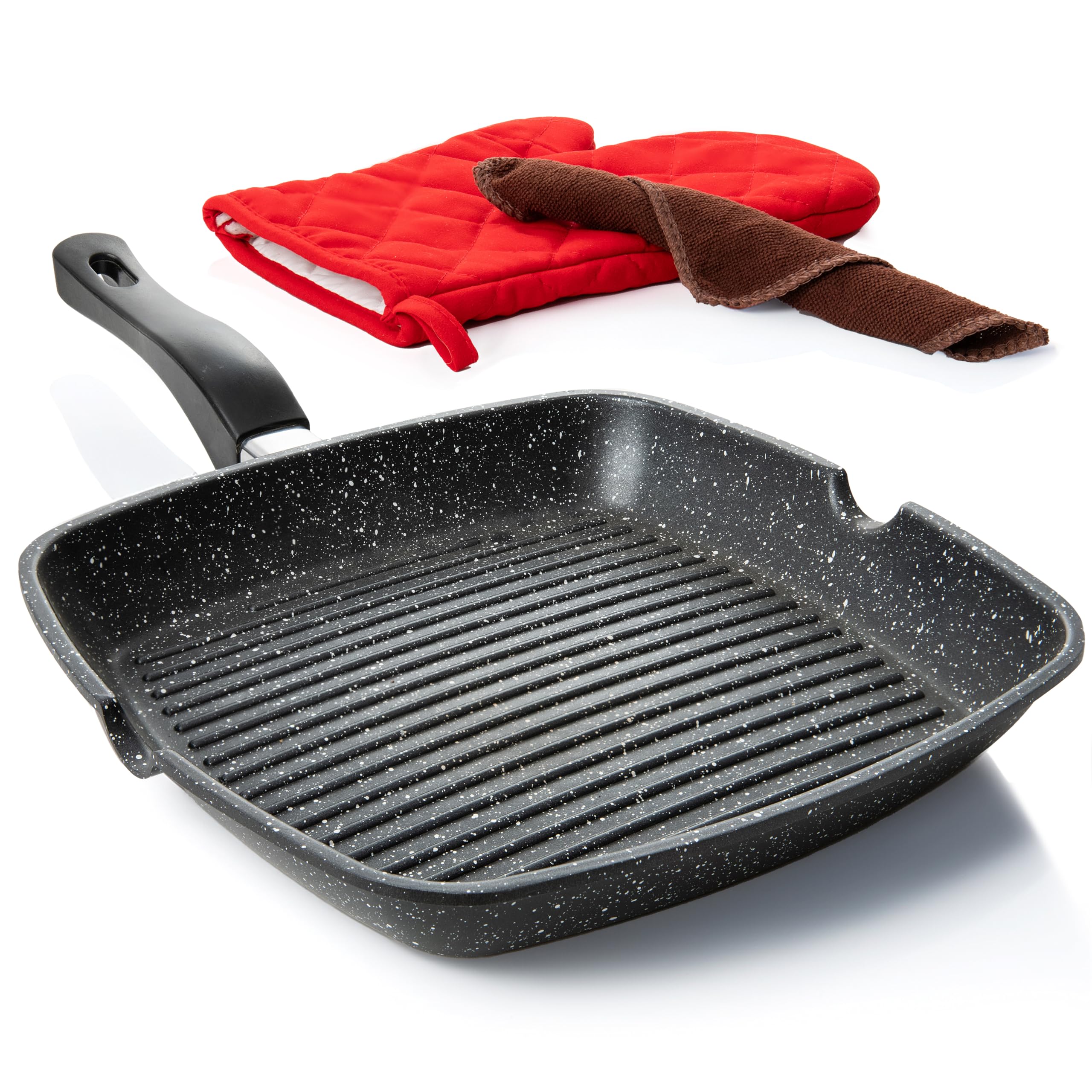 Moss & Stone Aluminum Nonstick Grill Pan for Stove Tops, Versatile Griddle Skillet with Pour Spouts, 11 Inch Square Grill Pan Bi