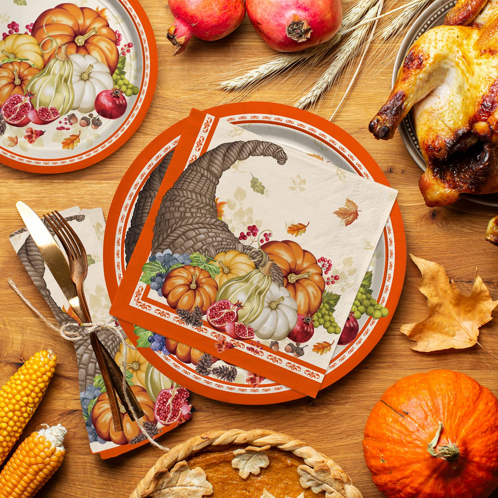 Fall Pumpkin Harvest Party Supply Kit Includes Cornucopia Disposable Paper Dinner Plates, Dessert Plates And Napkins For Thanksg