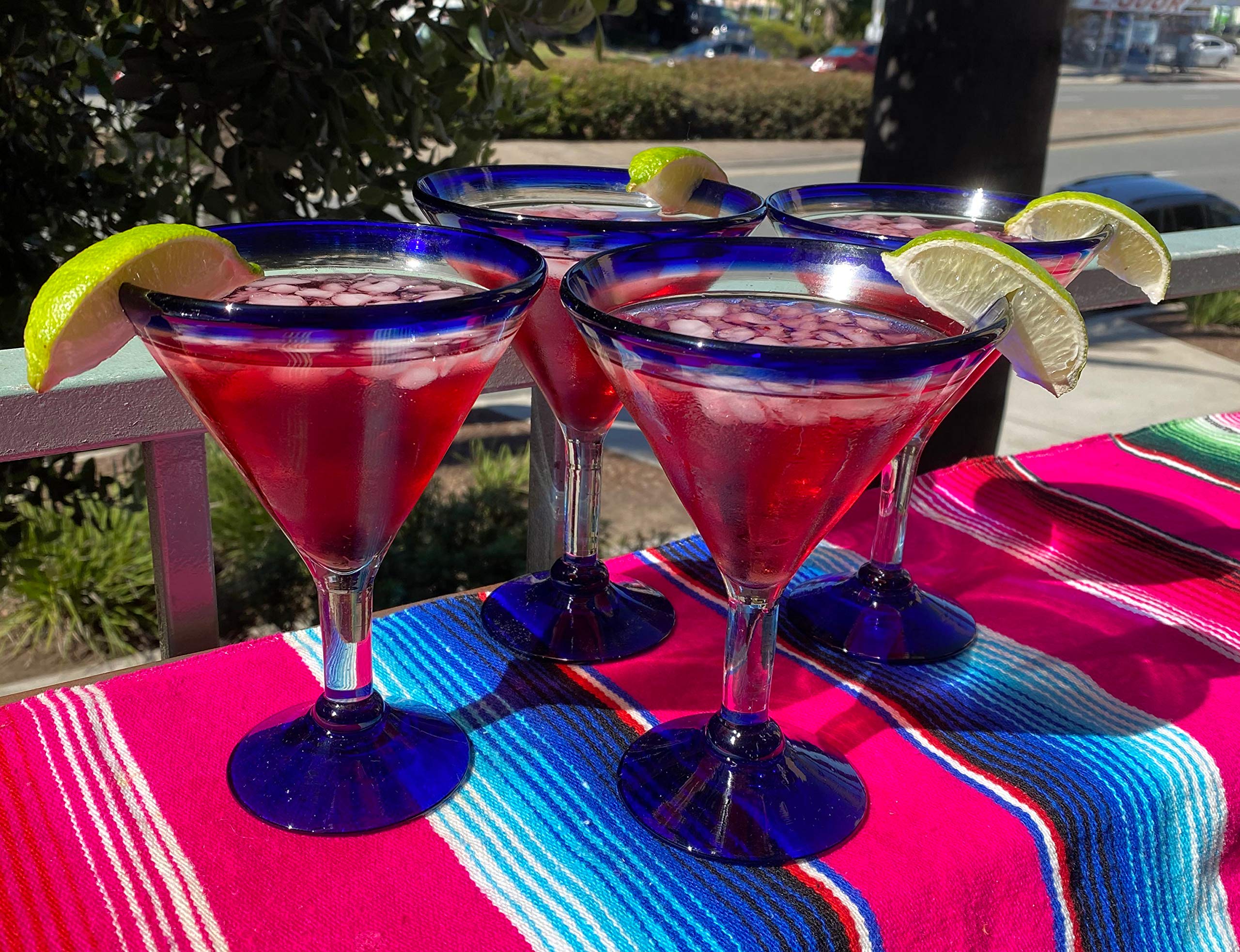 Mexican Hand Blown Glass - Set Of 4 Hand Blown Modern Margarita Glasses - Blue Rim (12 Oz)