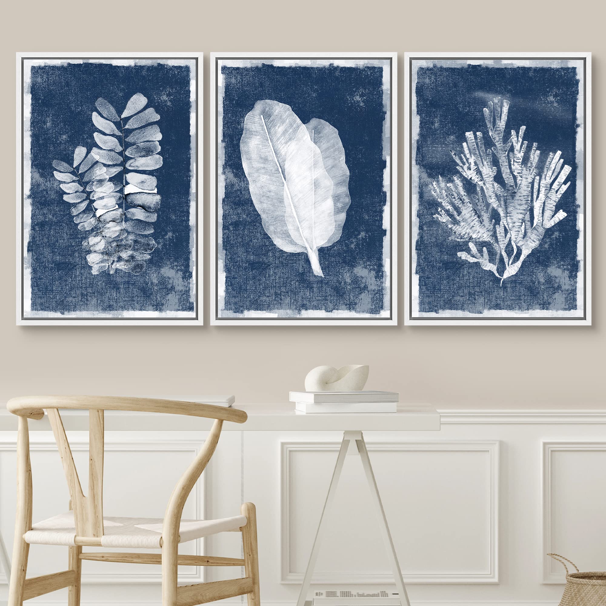 Signwin Framed Canvas Print Wall Art Set Blue White Forest, Jungle, Ocean Plants Nature Wilderness Wood Panels Modern Art Rustic