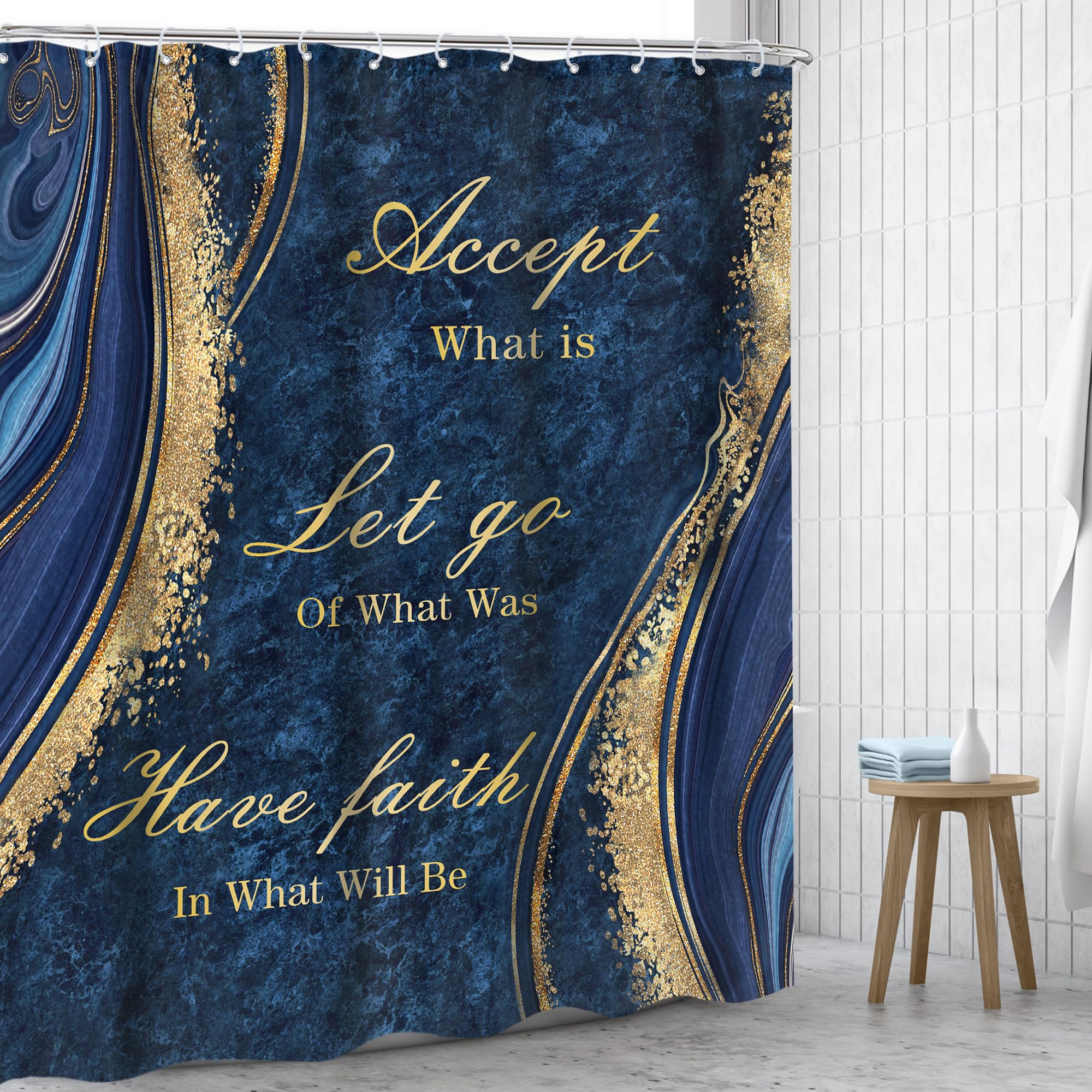Omifly Navy Blue Marble Shower Curtain 60Wx72H Inch Inspirational Quotes Abstract Gold Veins Modern Luxury Aesthetic Fluid Ink T