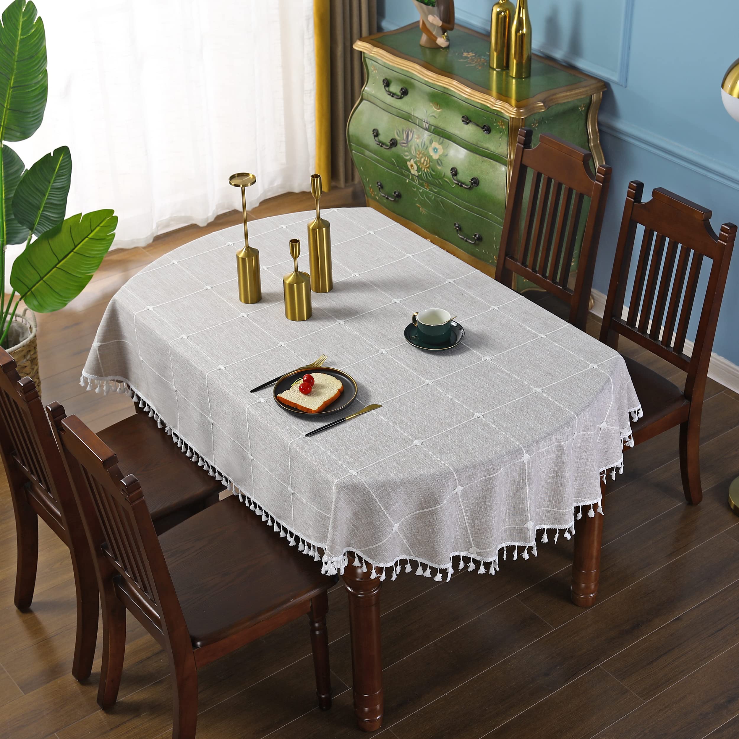 Brown Embroidery Lattice Oval Tablecloth with Tassel Heavy Duty Rustic Fabric Table Cover Wrinkle Resistant Washable Kitchen Dining Party Wedding Decoration 52 x 70 Inches