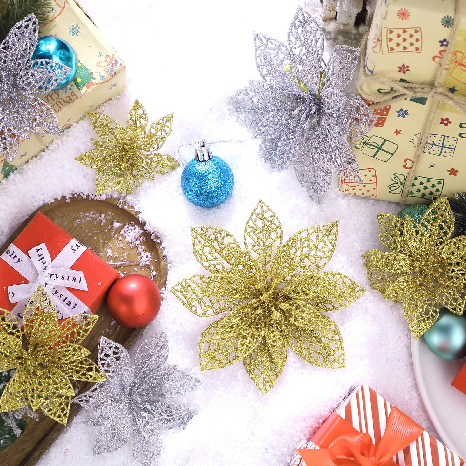 Boao 24 Pieces Christmas Poinsettia Tree Ornament Artificial Flowers Christmas Decoration Glitter Ornament, 3/4/6 Inches(Gold,Si