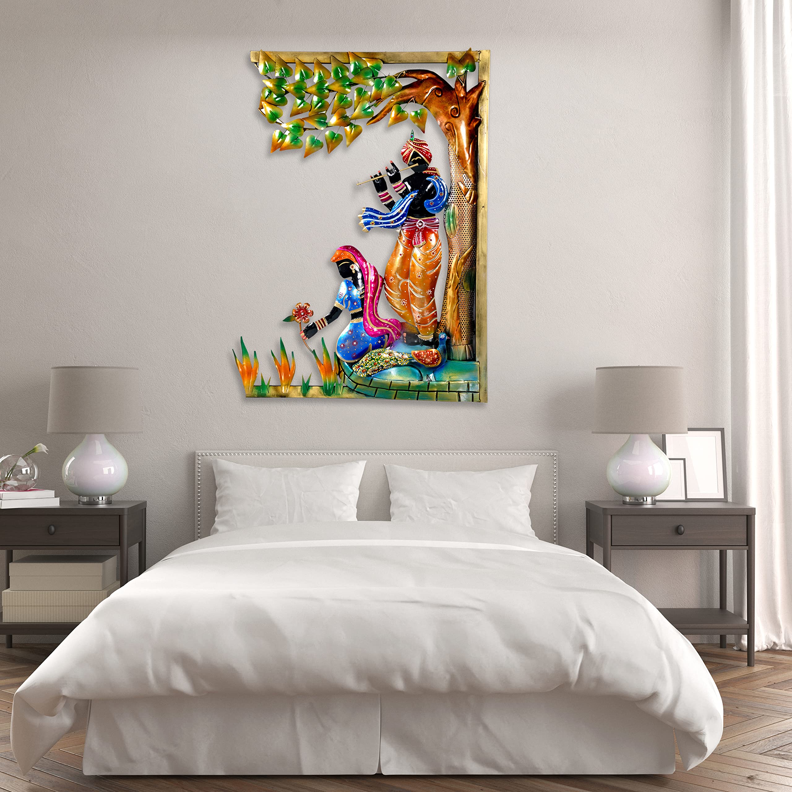 Craftbee Radhe Krishna Metal Emboss Painting God Large Wall Hanging Tree Frame Sculpture | For Home Decor & Office Gift Wall Fig