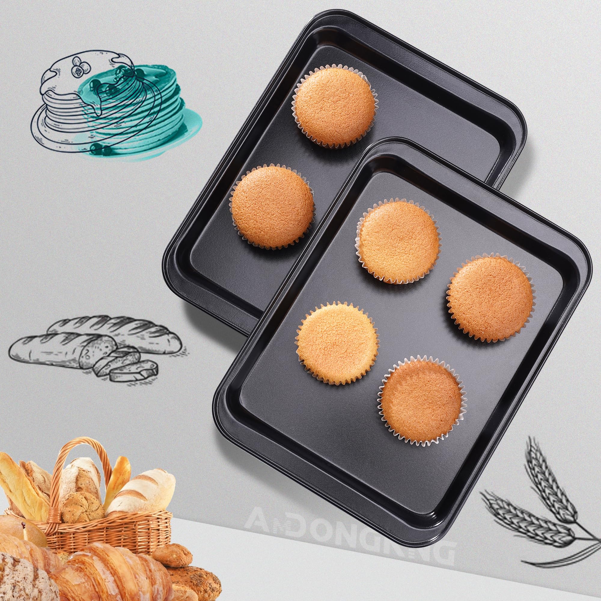 Small Cookie Sheets, Baking Pans, Nonstick Carbon Steel Baking Sheets, 2-Pack, 9.5 X 7.1 Inches (Inner 7.5 X 6)