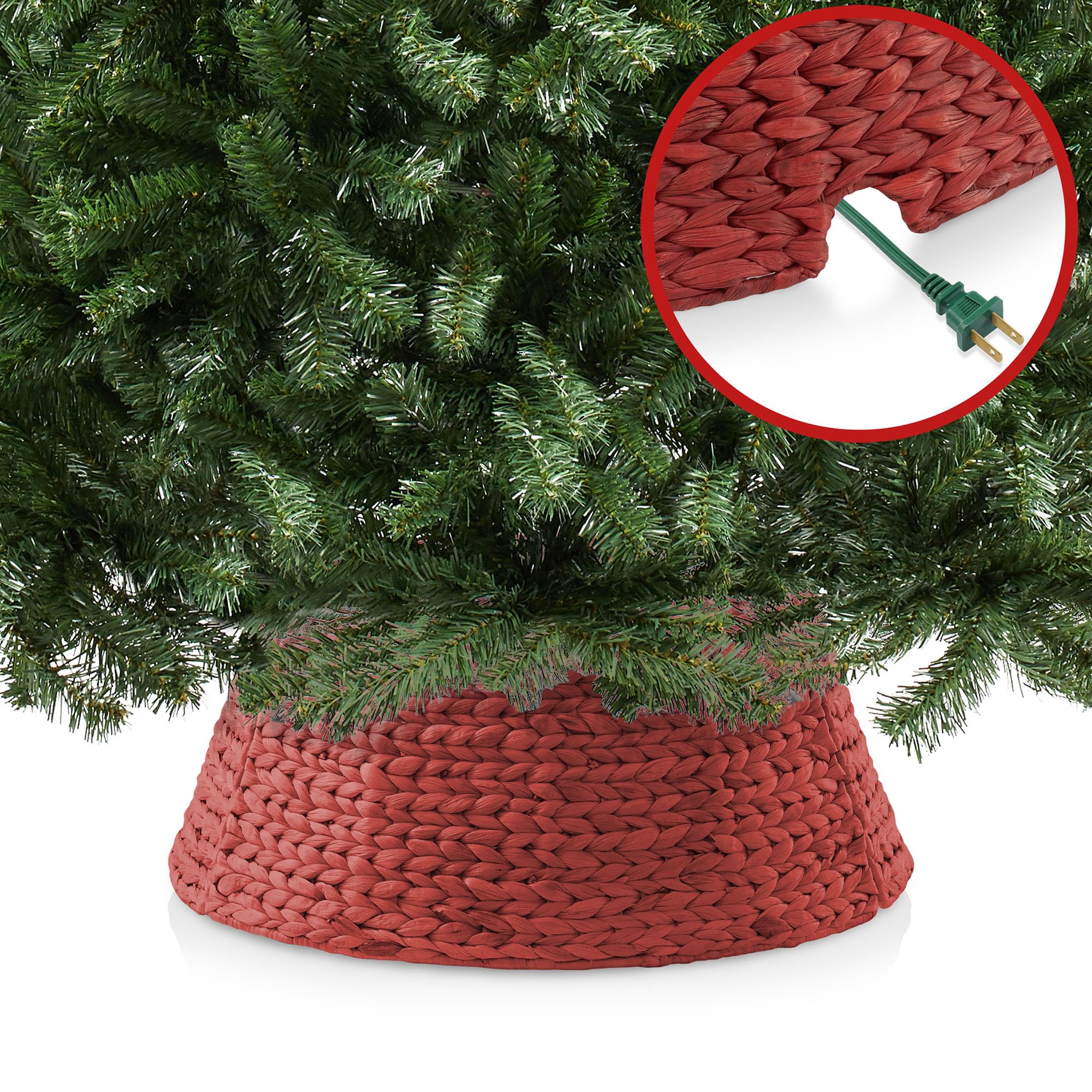 Casafield 24-Inch Christmas Tree Collar, Woven Water Hyacinth Tree Base Cover with Cord Cut Out, Red