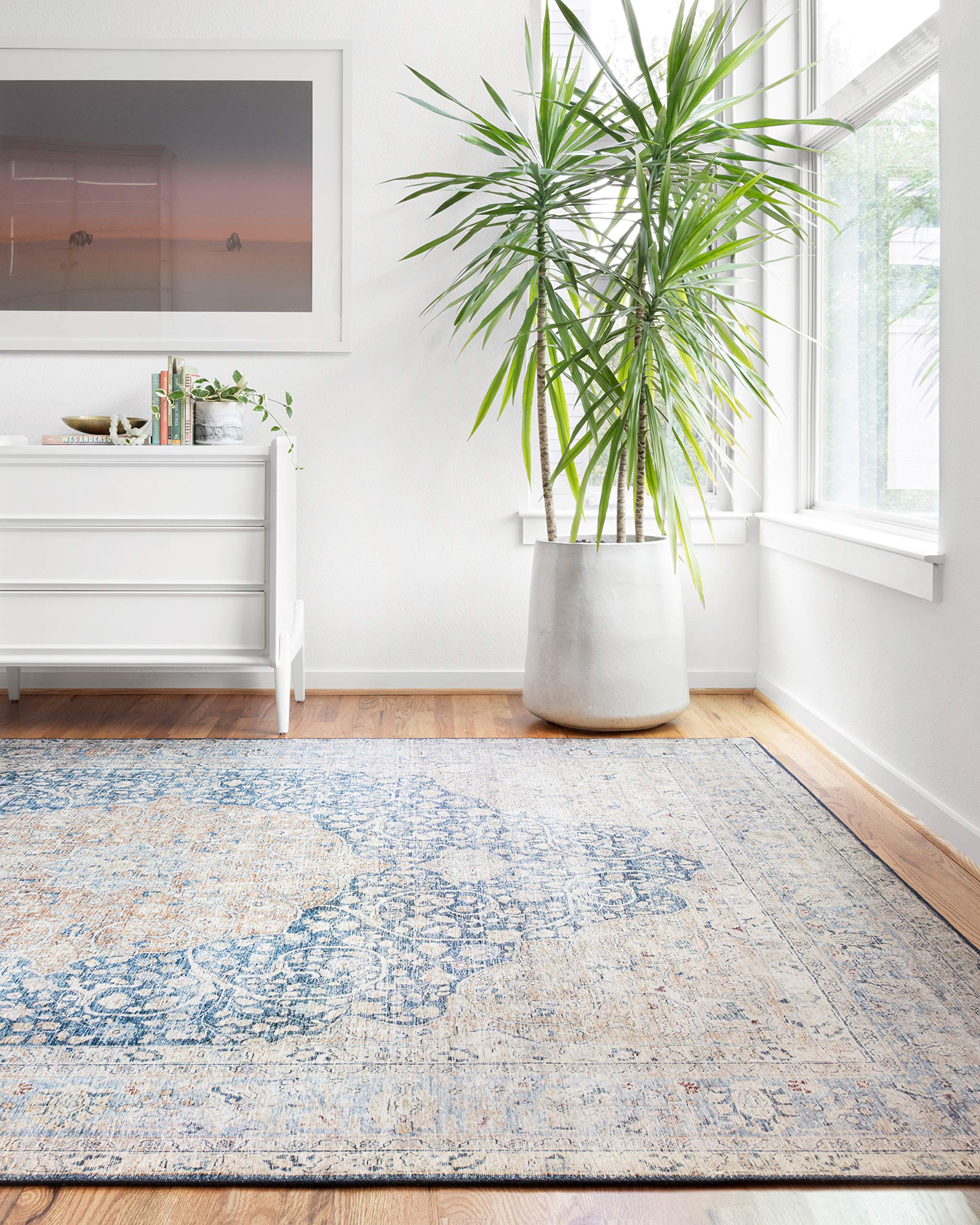 Loloi LAYLA Collection, LAY-07, Blue / Tangerine, 7-6 x 9-6, .13 Thick, Area Rug, Soft, Durable, Vintage Inspired, Distressed,