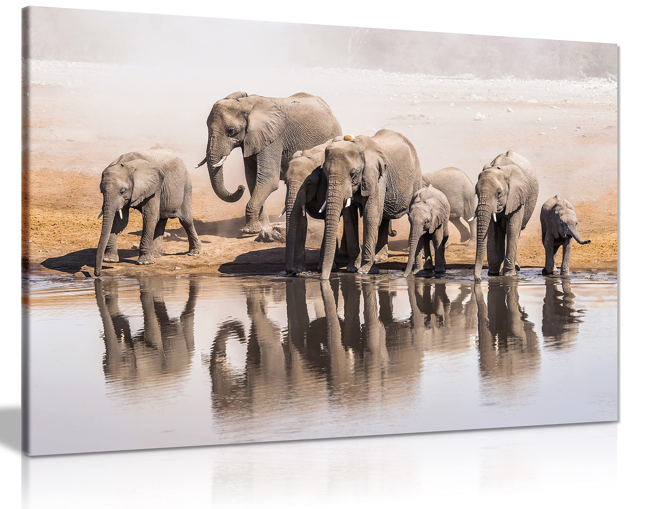 Family Of African Elephants Drinking At A Waterhole Canvas Wall Art Picture Print (18X12), Bedroom