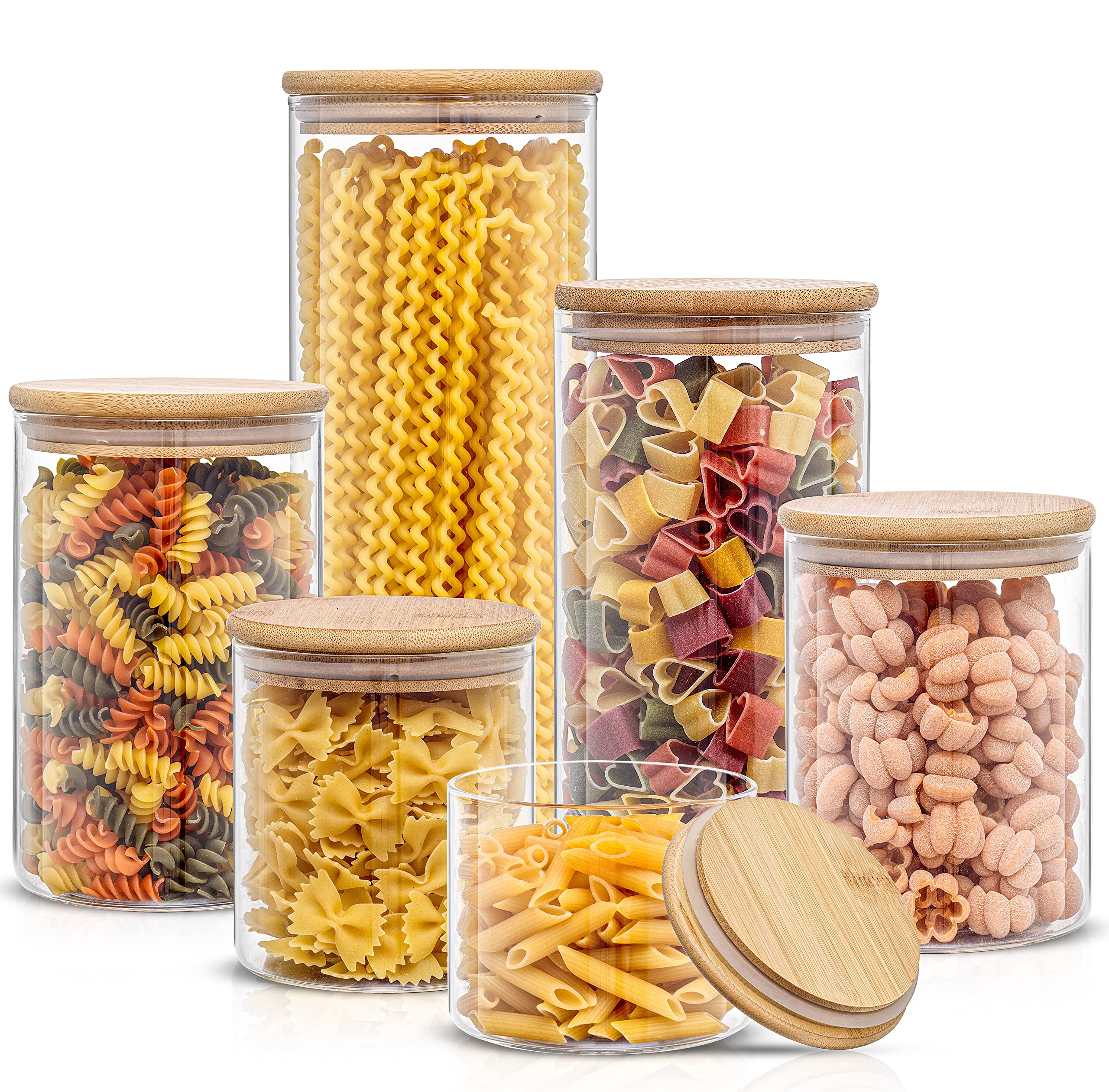 JoyJolt Borosilicate Glass Jars With Bamboo Lids. 6 Pc Set of Air Tight Sealable Containers. Food Jar Canisters with Airtight Li