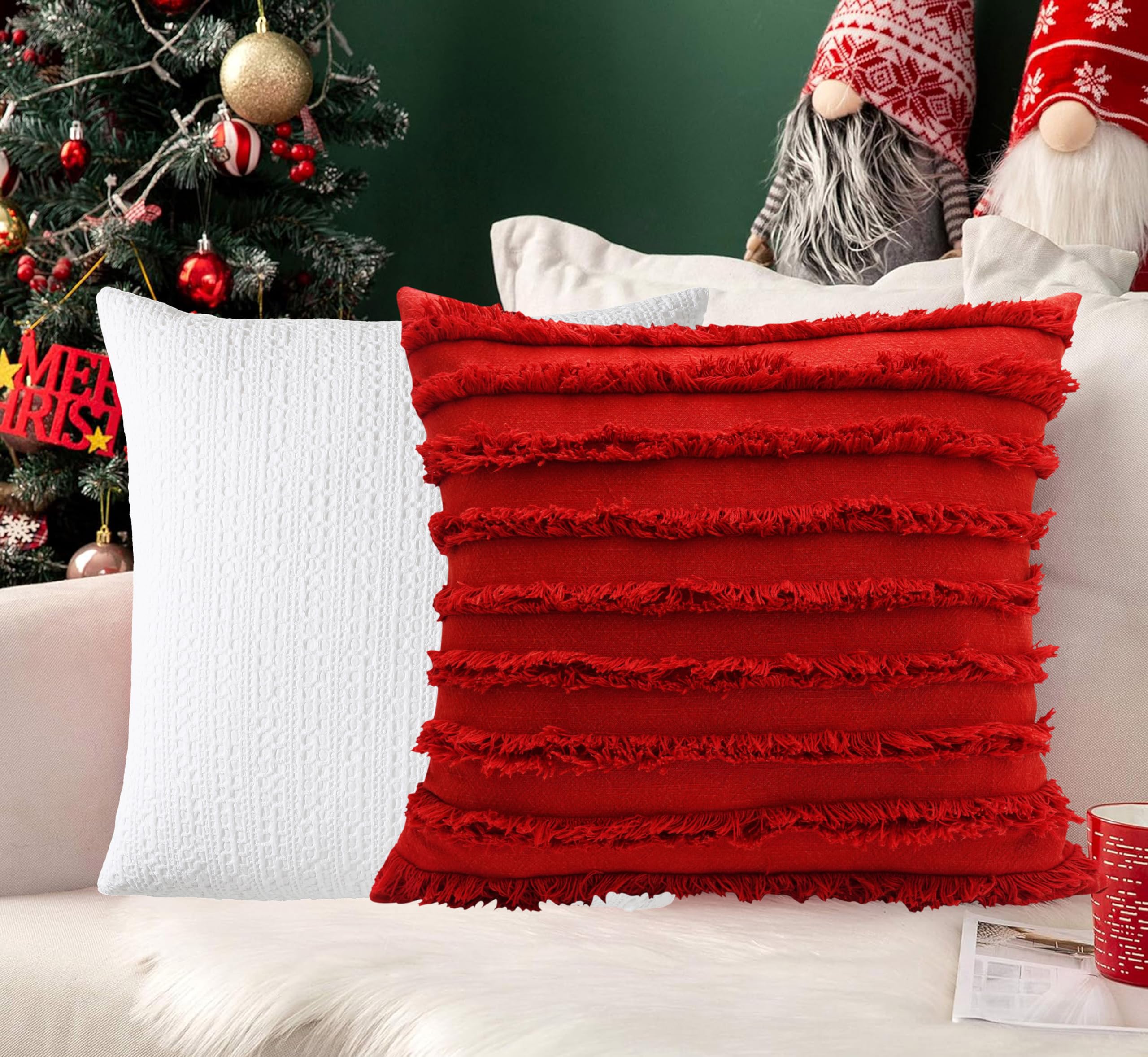 Mosey Cushion Cover 22 Inch X 22 Inch Set Of 2 | Boho Cushion Cover 22X22 Inches Red And White