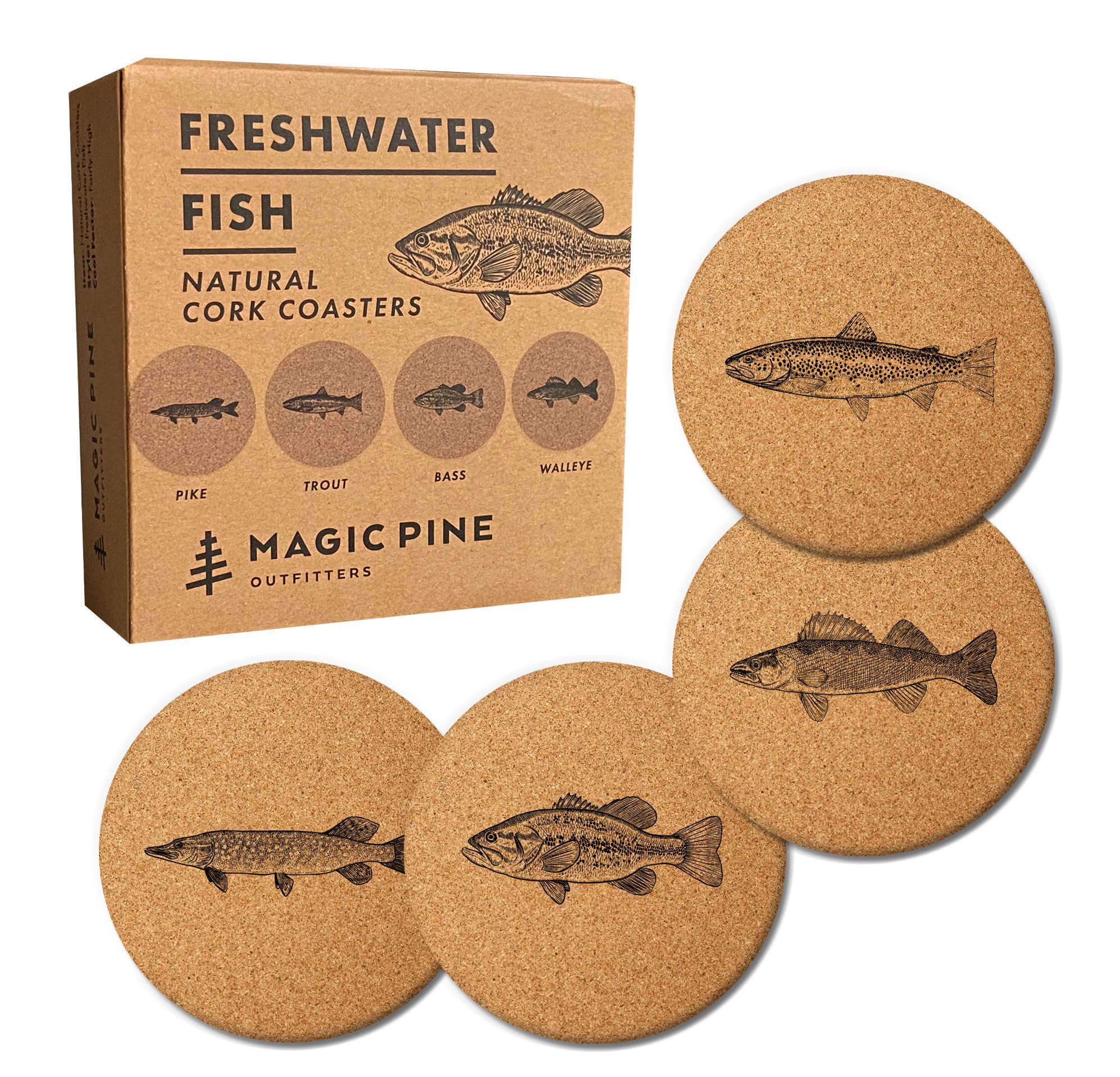 Fish Coasters (Set Of 4) - Sustainable Absorbent Cork - Unique Gift For Guys - Car Coasters For Bass Fishermen, Freshwater, Salt