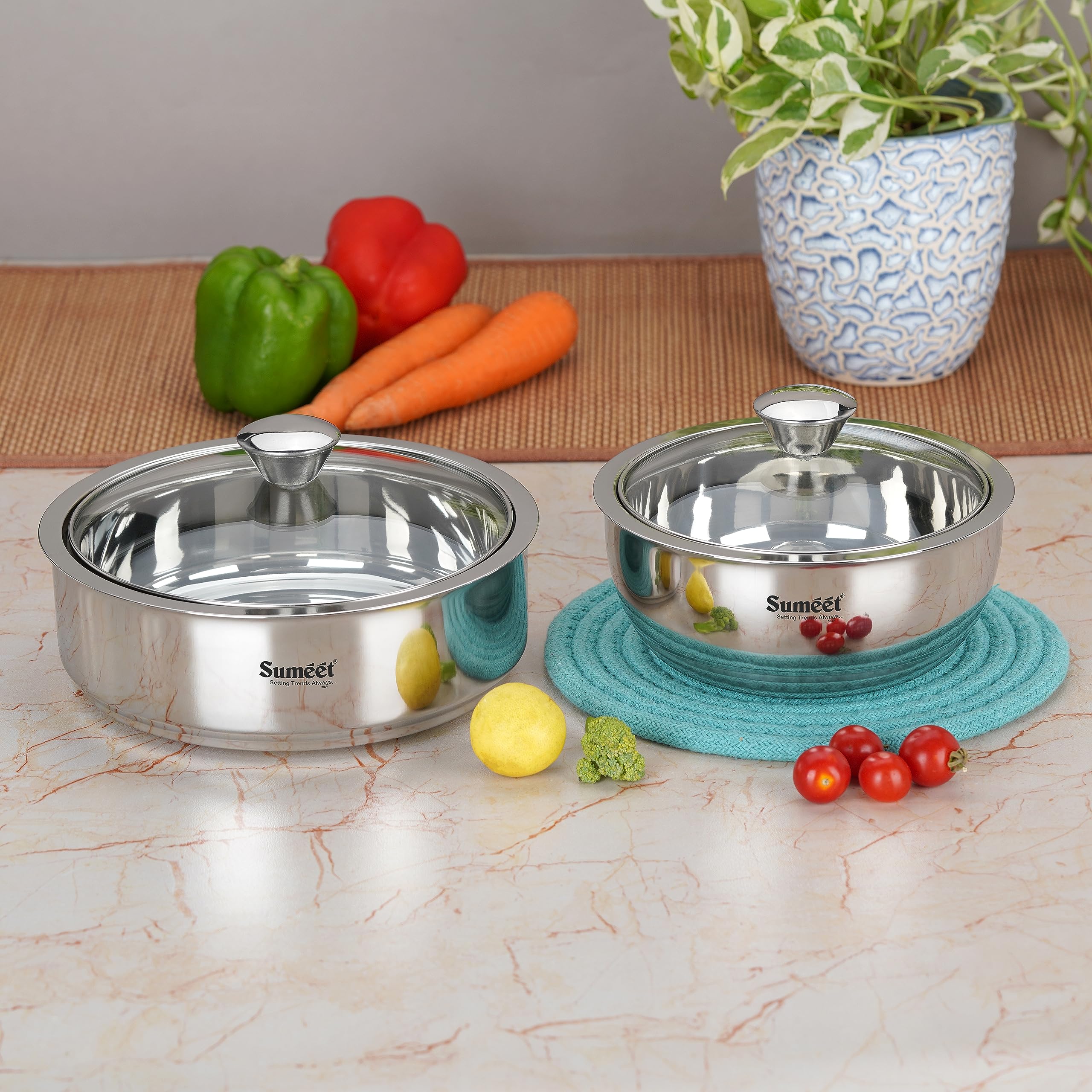 Sumeet Stainless Steel Casserole With Glass Lid Set Of 2 | Includes Roti & Gravy Pots, 1000Ml Each | Keeps Food Warm & Fresh | I