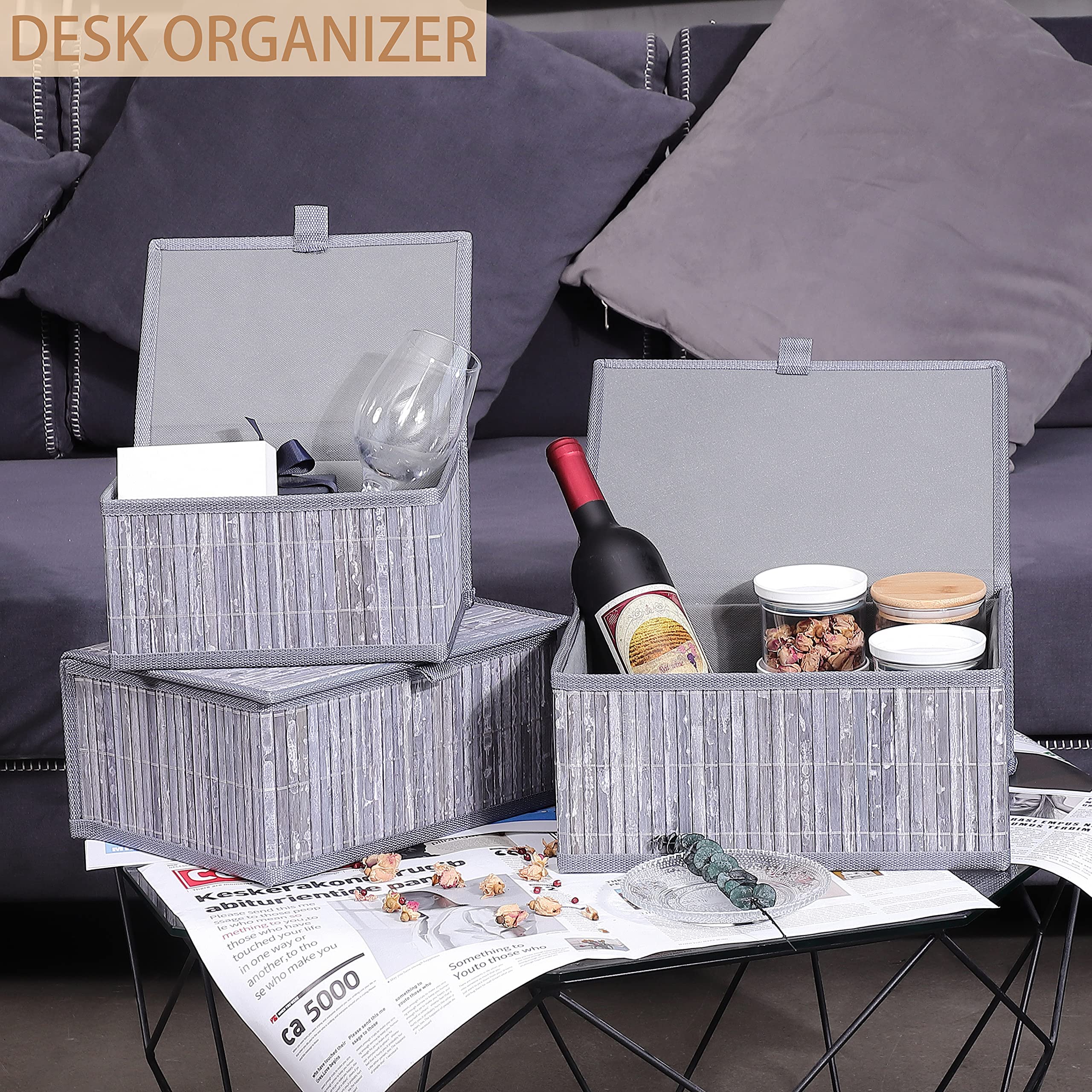 Honygebia Bamboo Decorative Storage Boxes - Set Of 3 Woven Lined Storage Basket With Lids, Grey Marble Wicker Lidded Baskets For