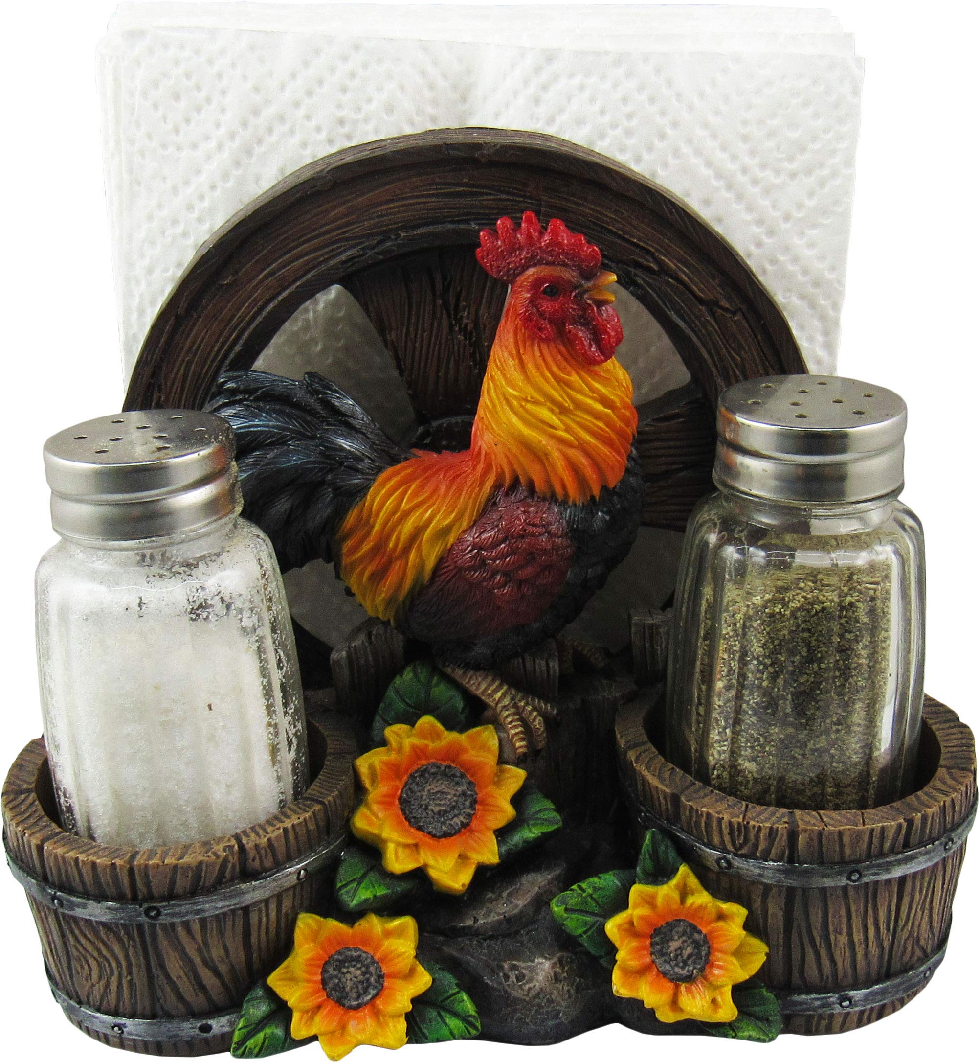 Dwk - Country Diner - Rooster With Wagon Wheel Farm Barrel And Sunflowers Napkin Salt & Pepper Shaker Holder Home D  Cor Kitchen