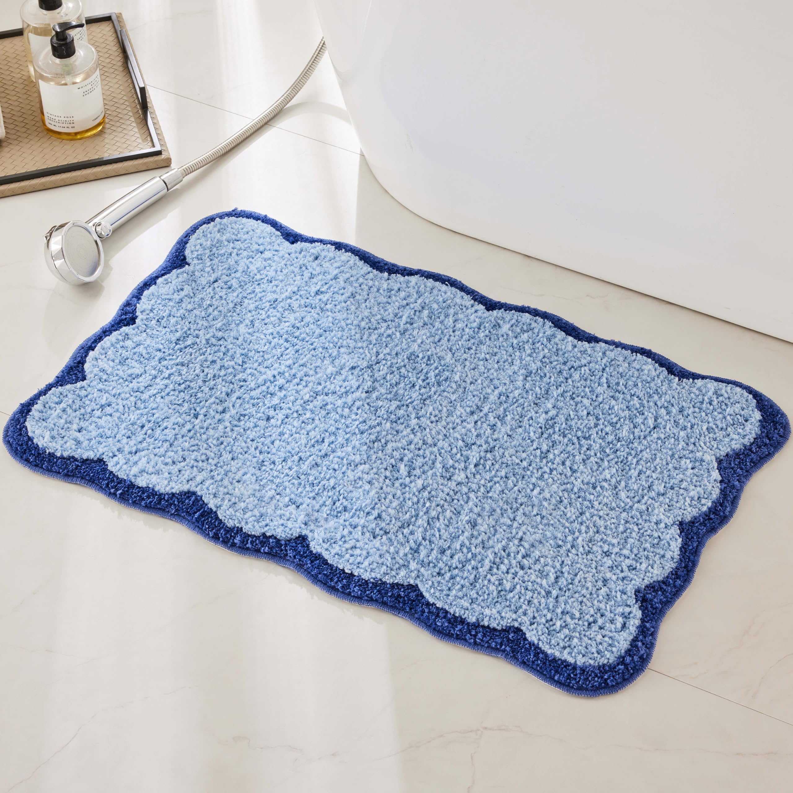 Ohocut Luxury Microfiber Bathroom Rugs, Navy Scalloped Piping Blue Bath Rug Cute Aesthetic Coastal Nautical Bath Mat For Bathroo