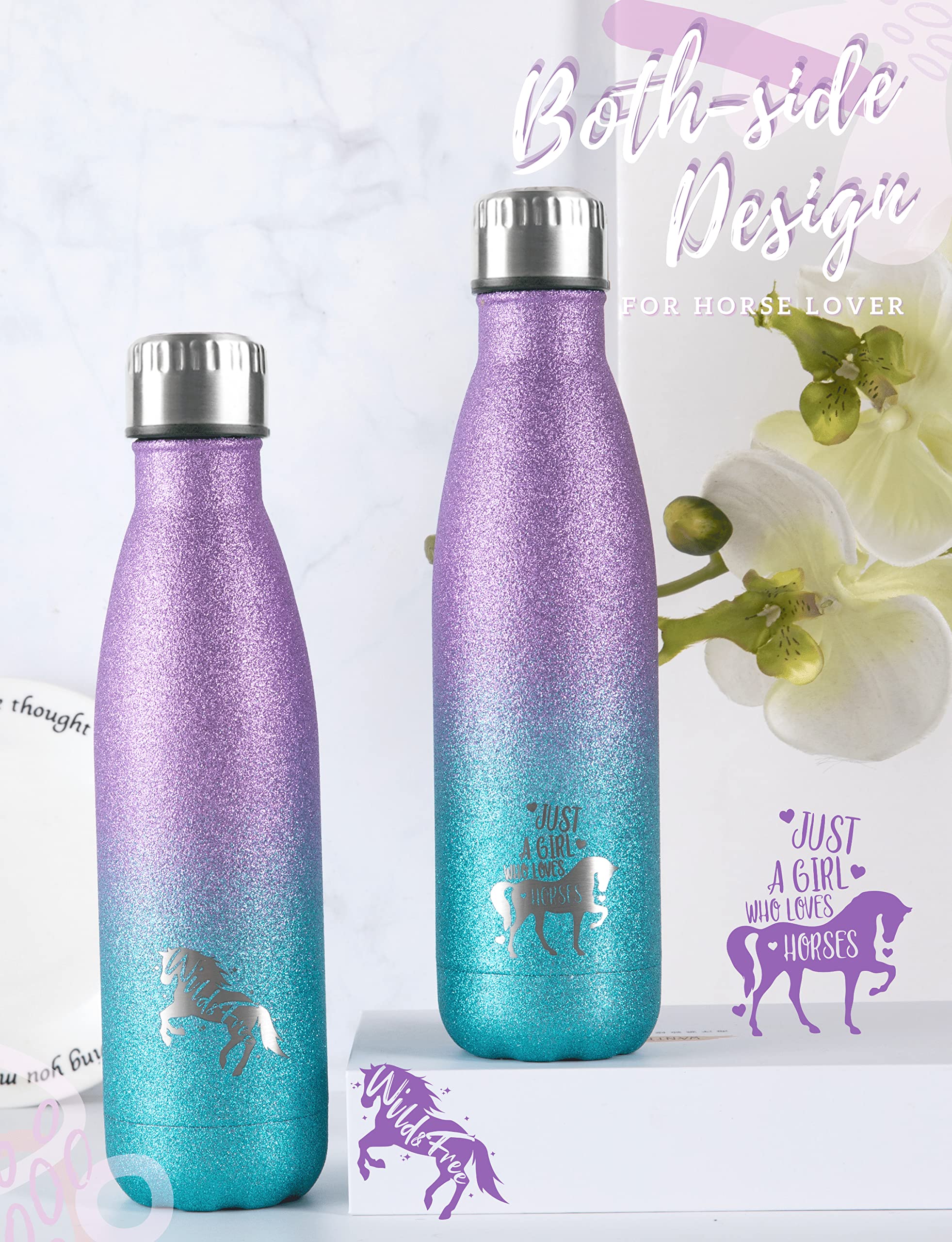 Onebttl Horse Gifts for Girls  Women  Insulated Stainless Steel Water Bottle  Horse Stuff for Equestrian  Horse Lovers  Cowgirls on Birthday  Back to School  Christmas  Violet-Blue Gradient Glitter