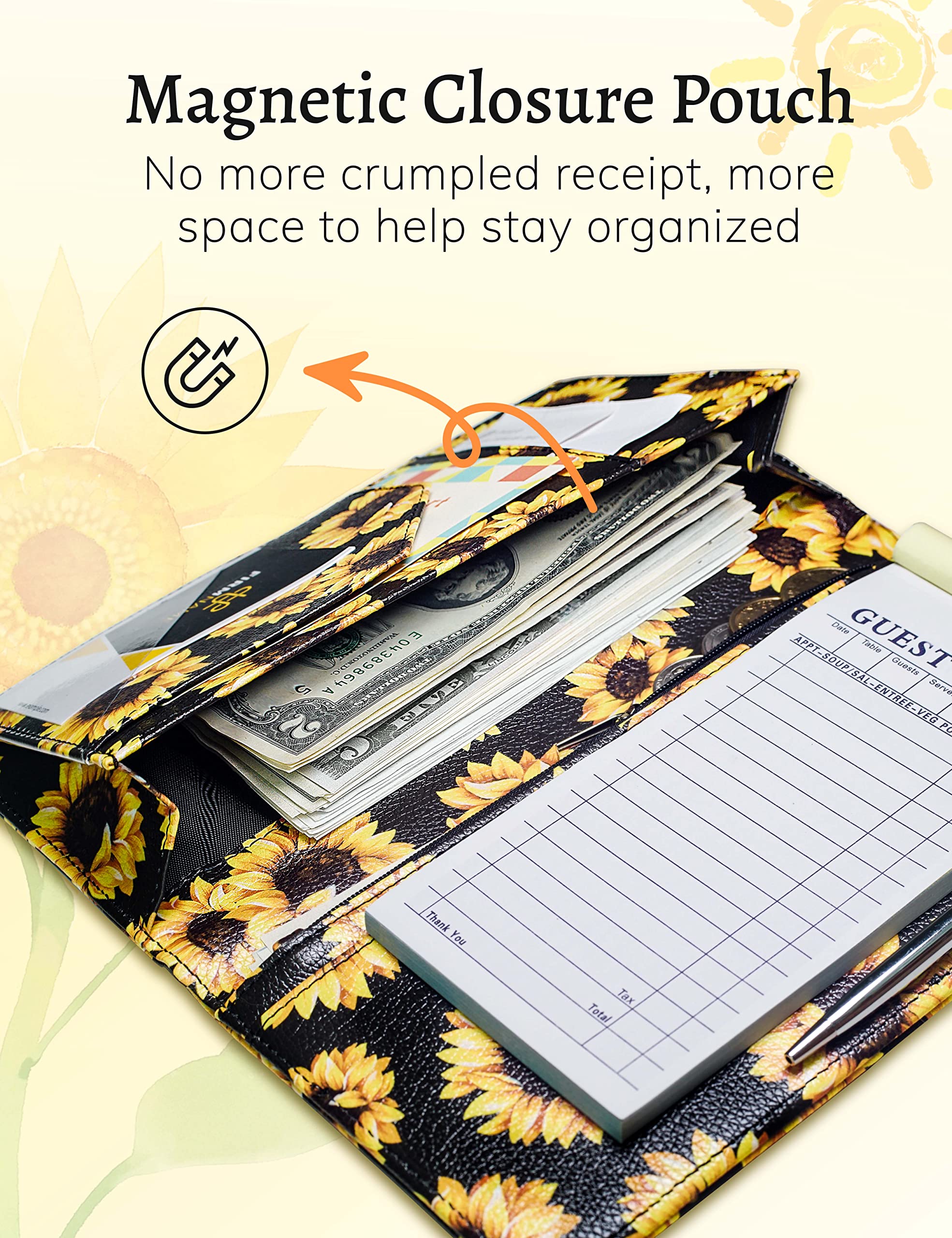 Server Book with Zipper Pocket and Magnetic Closure Server Booklet Waitress Book Serving Book with Money Pocket Waitstaff Organizer Fit Server Apron Waiter Book Wallet Sunflower