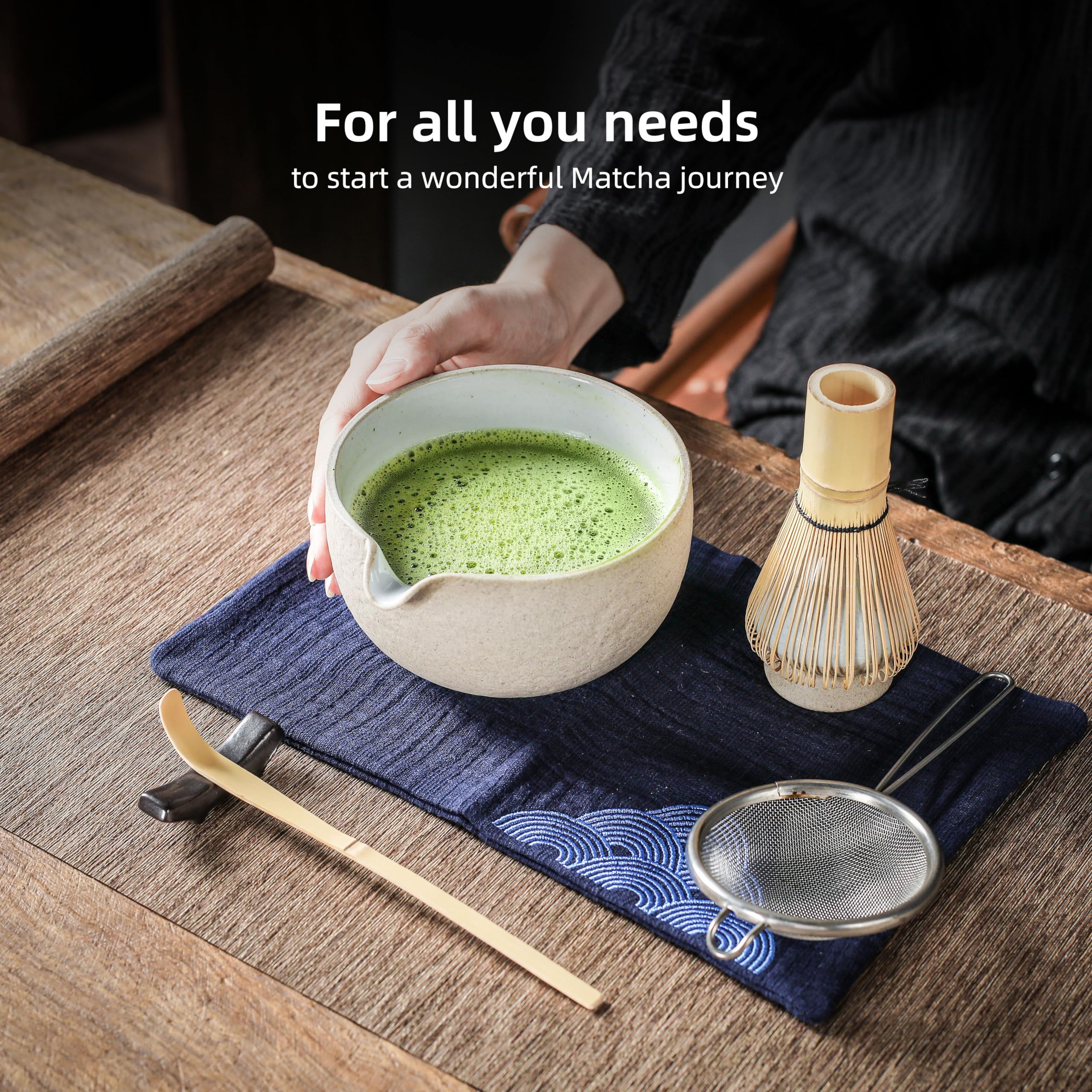 Japanese Tea Set (7Pcs) Matcha Whisk Set Matcha Bowl With Pouring Spout Bamboo Matcha Whisk (Chasen) Scoop (Chashaku) Matcha Whi