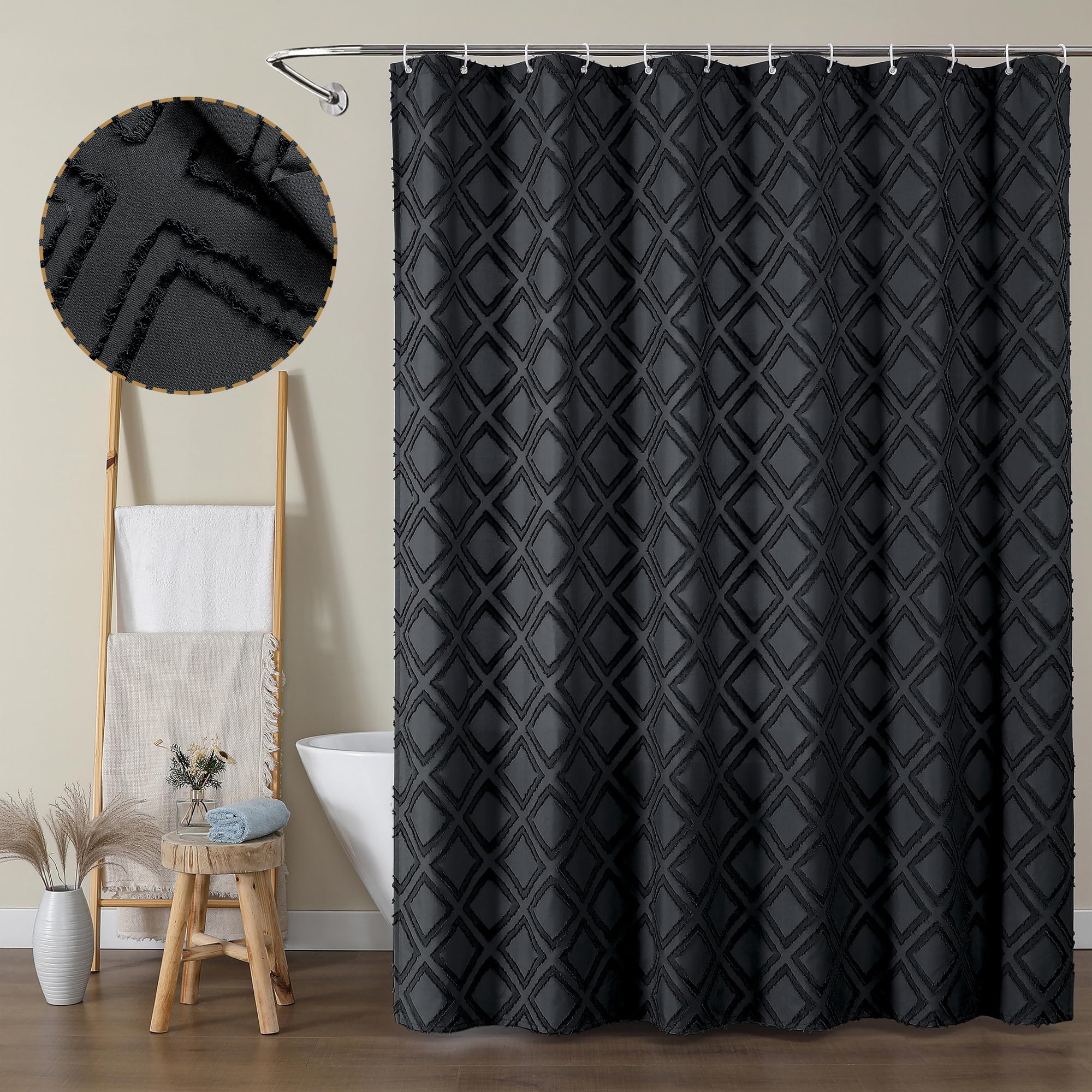 Owenie Black Shower Curtain Set, Jacquard Geometric Textured Fabric Boho Shower Curtains For Bathroom, Soft Hotel Style Farmhous