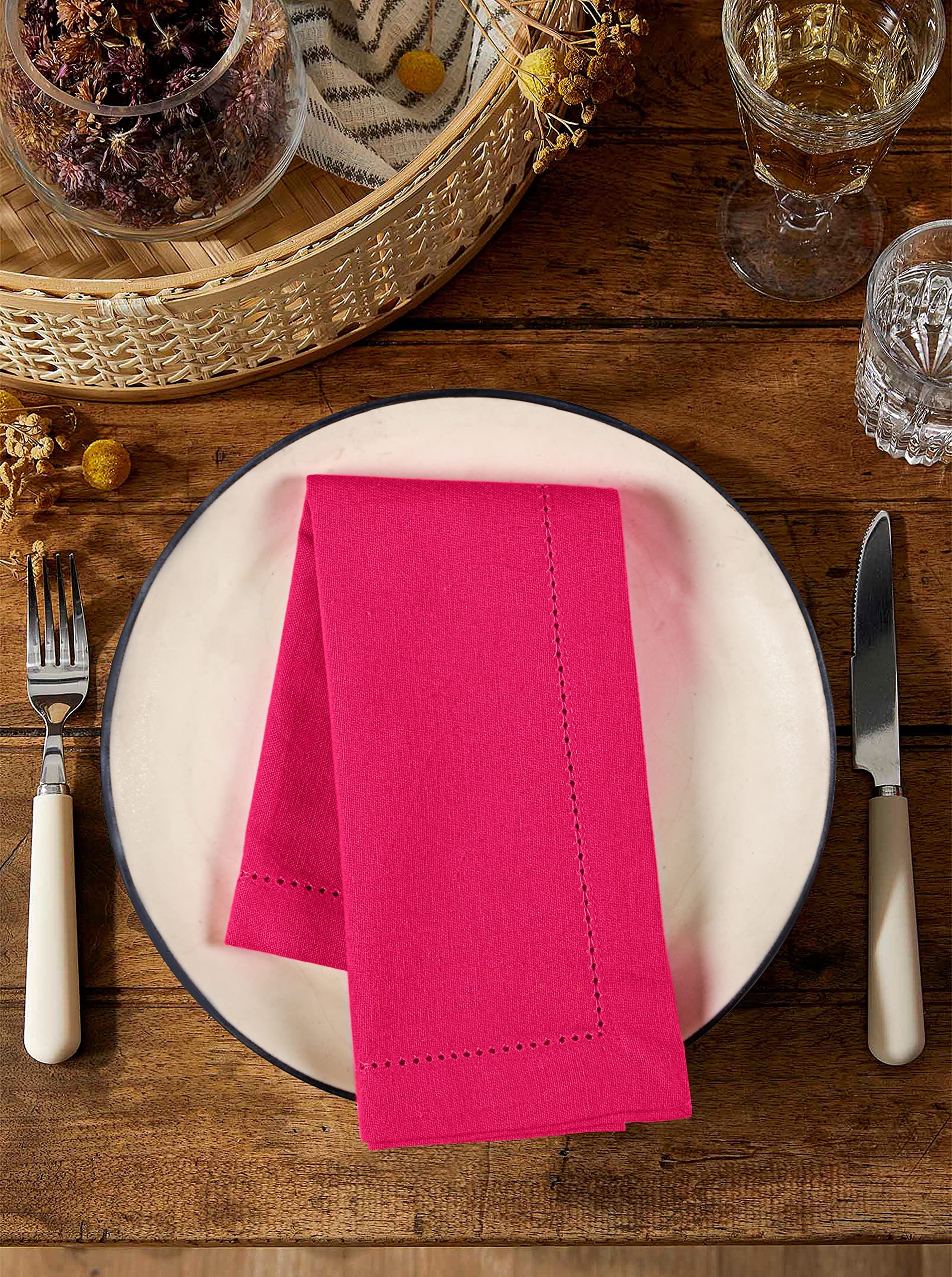 Palisa Cloth Dinner Napkins with Hemstitched Detailing & Mitered Corners Set of 12 (18x18 Inches) Hot Pink - Cotton Reusable Dinner Napkins - Perfect for Weddings & Everyday Use