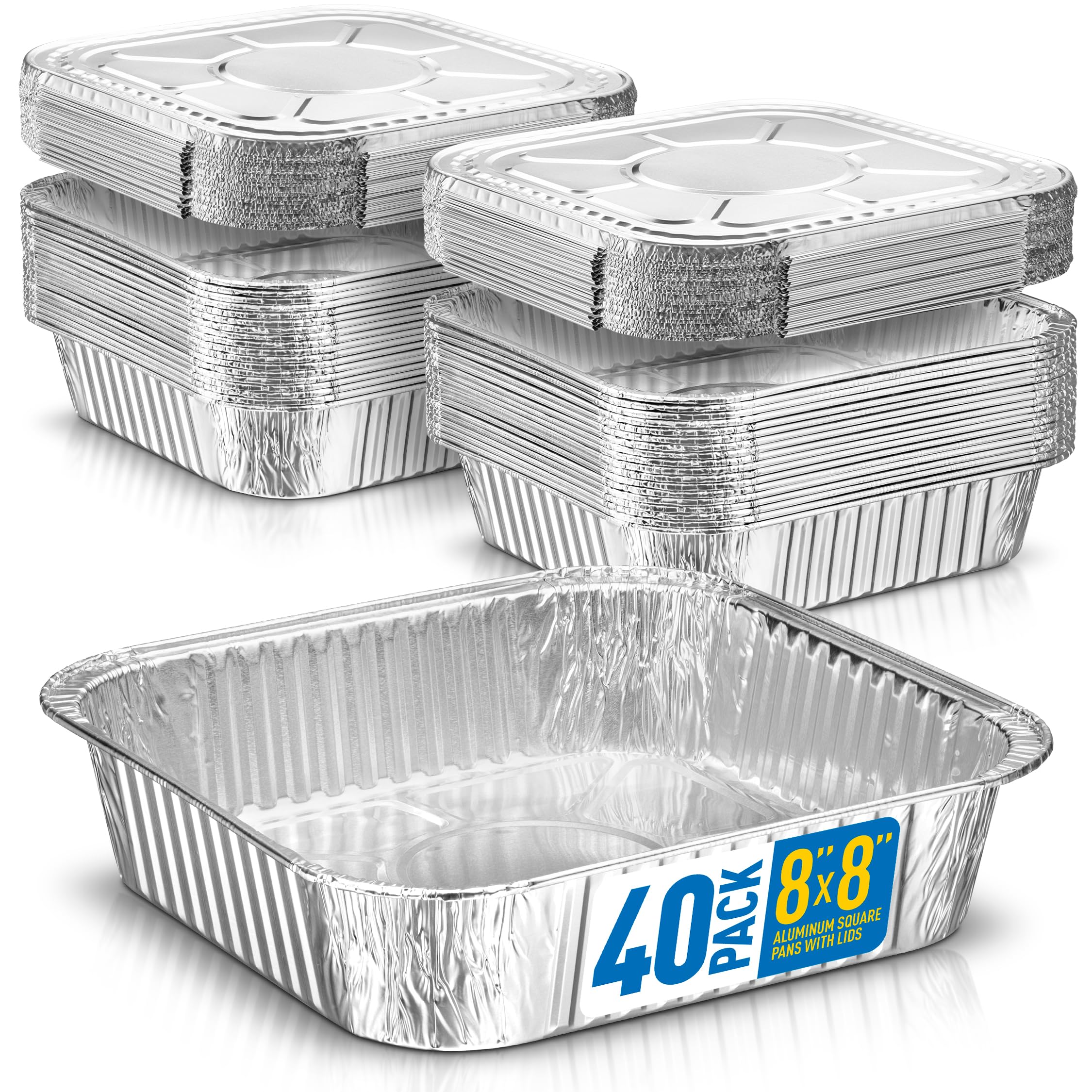 8X8 Disposable Aluminum Pans With Lids - 40 Pack Foil Pans For Cooking, Baking Cakes, Roasting & Homemade Breads - Disposable Fo