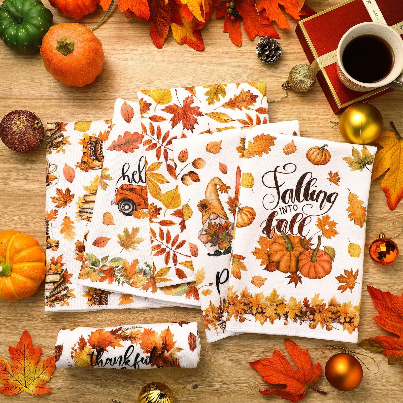 Windkream 6 Pieces Thanksgiving Kitchen Towels Maple Leaves Gnome Pumpkin Dishtowels 21.26 x 14.17 Inches Orange Autumn Bathroom