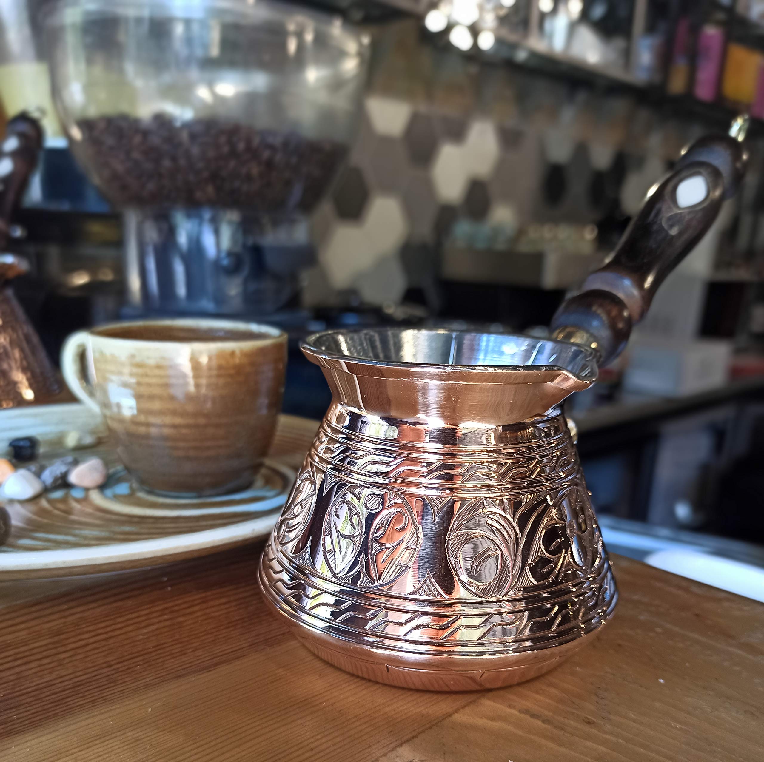 Aci Series (Medium-13 Fl Oz) - Thickest Solid Engraved Copper Turkish Greek Arabic Coffee Pot With Wooden Handle, Stovetop Coffe