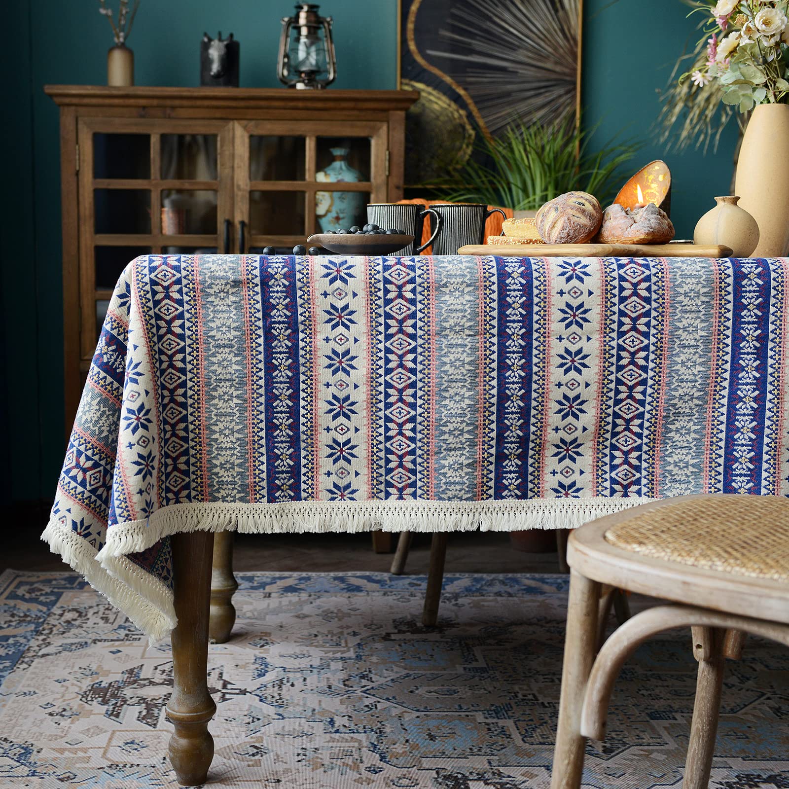 Sutavia Tassel Boho Tablecloth For Rectangle Table Cover Wrinkle Free Linen Bohemian Style Design Table Cloth For For Dining Roo