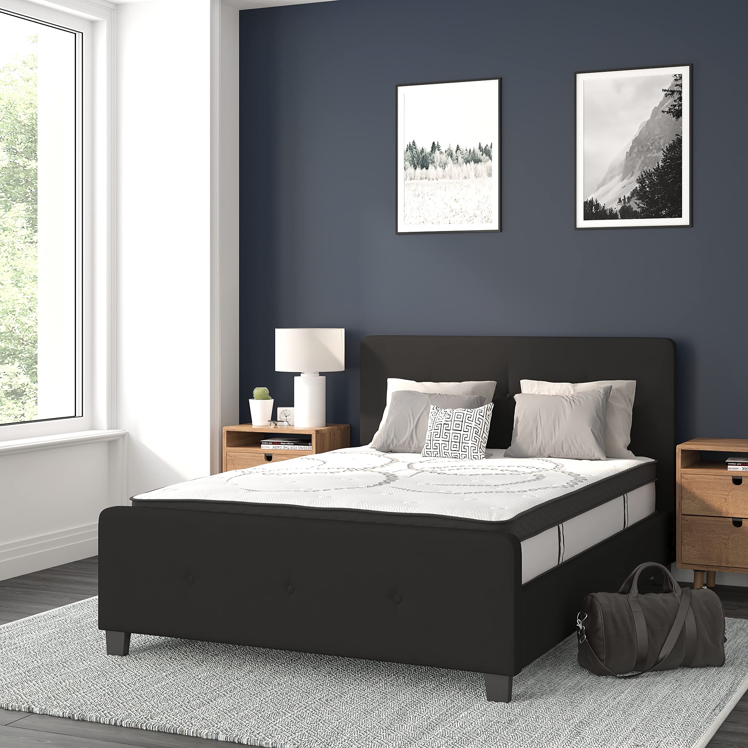 Flash Furniture Tribeca Full Size Tufted Upholstered Platform Bed in Black Fabric with 10 Inch CertiPUR-US Certified Pocket Spri