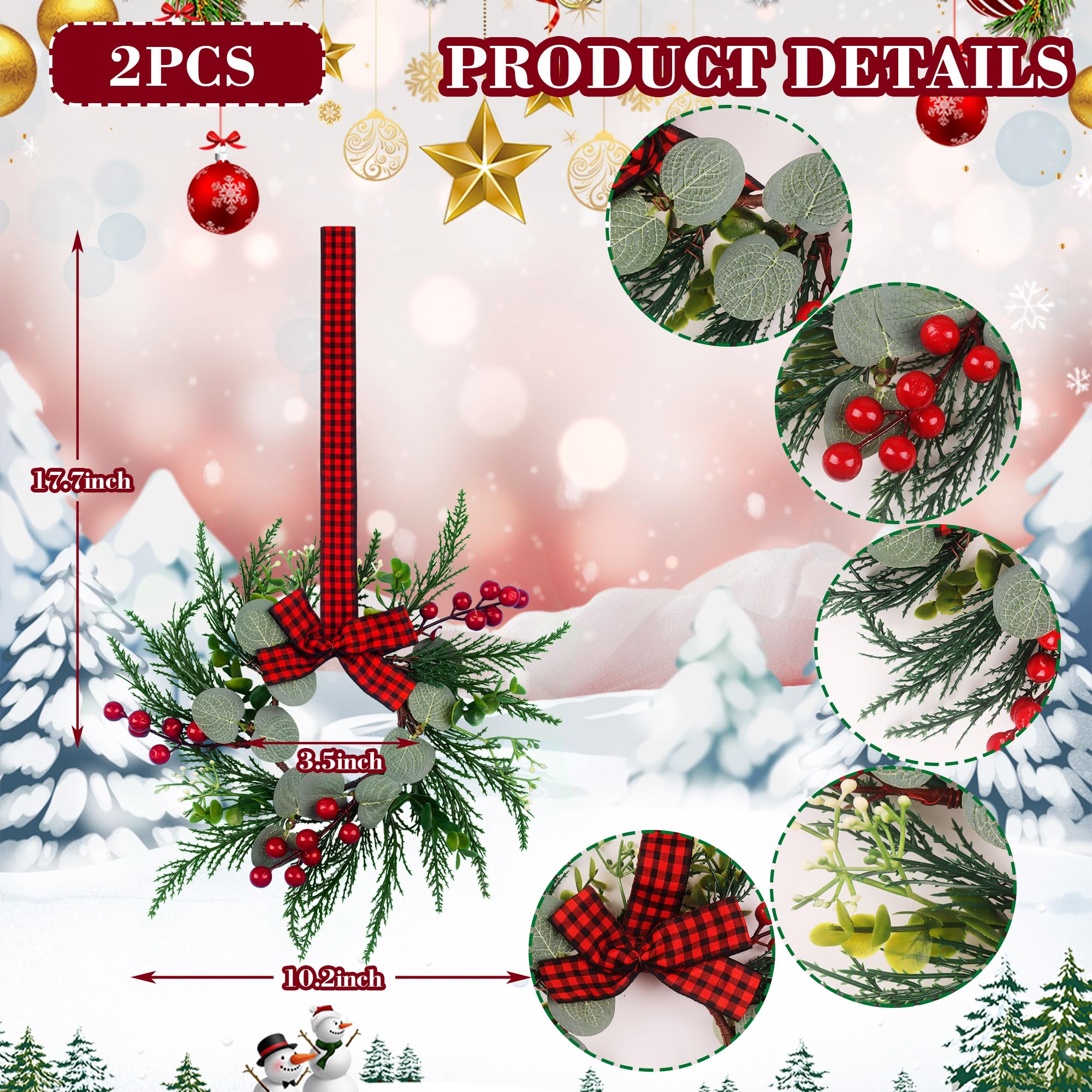 2Pcs Christmas Wreath, 10 Inch Mini Wreaths for Kitchen Cabinets, Christmas Door Wreath, Small Christmas Wreath for Fireplace Wi