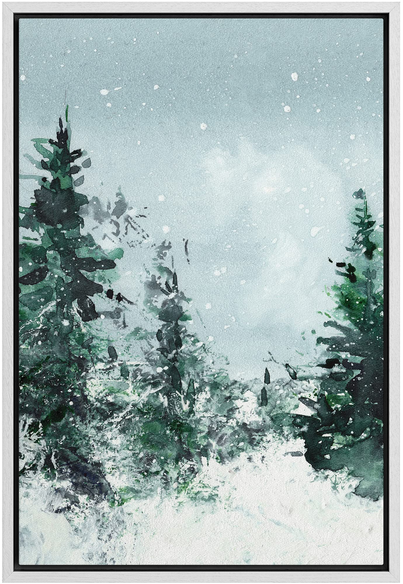 Signwin Framed Canvas Print Wall Art Woodland Nursery Decor Winter Snow Watercolor Pine Tree Forest Nature Modern Art Decorative