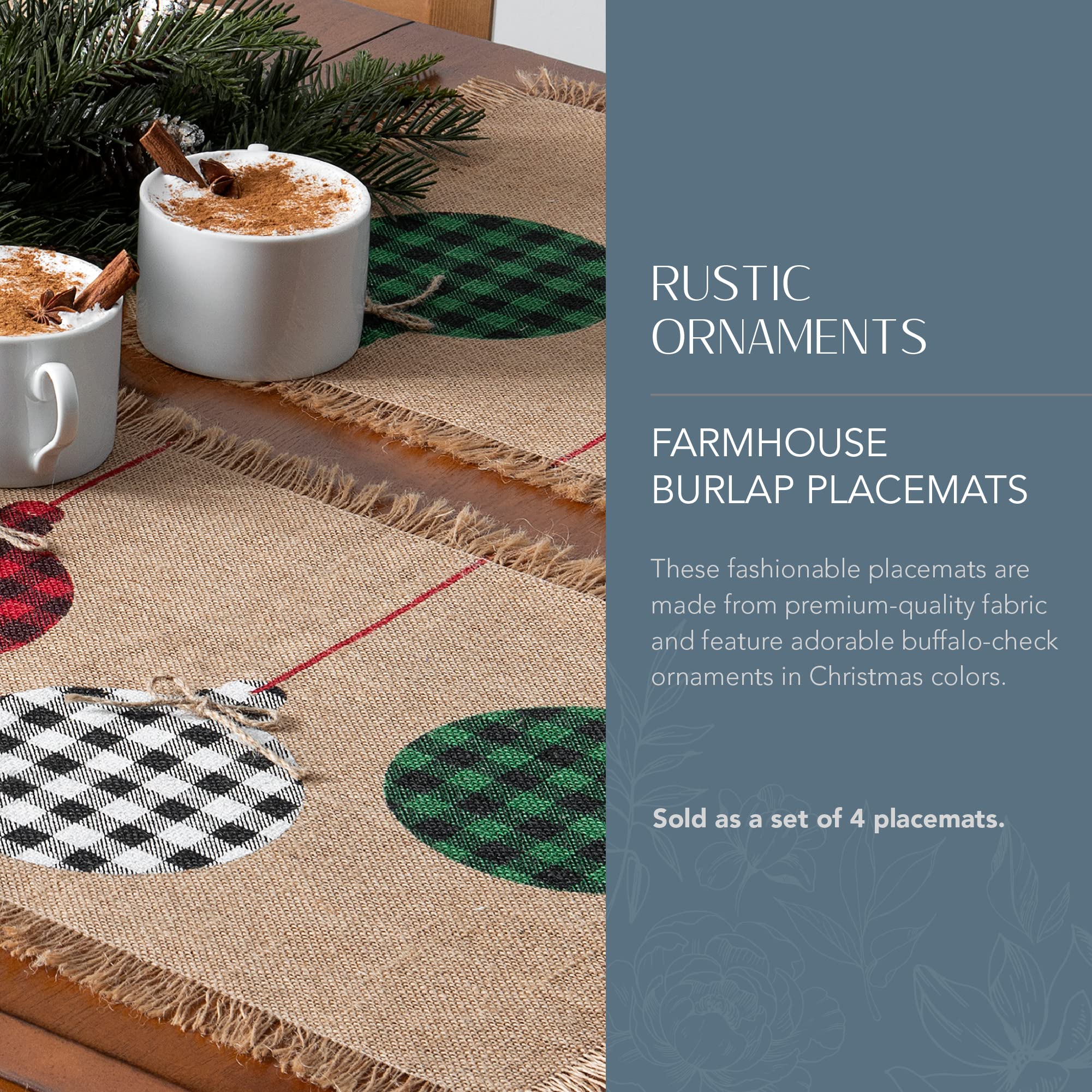 Elrene Home Fashions Burlap Placemat Set of 4, 13"x19", Multicolor Rustic Ornaments