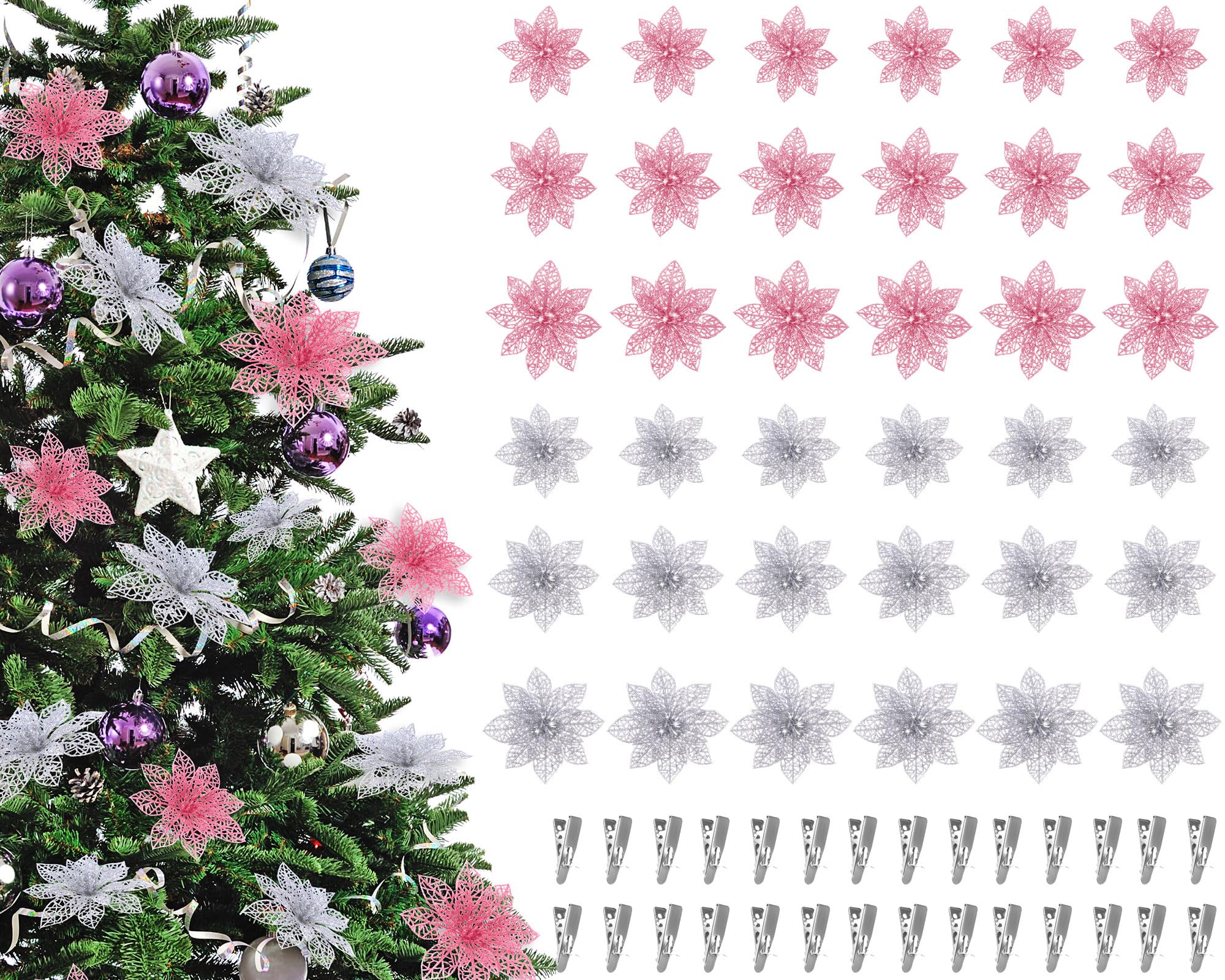 Boao 24 Pieces Christmas Poinsettia Tree Ornament Artificial Flowers Christmas Decoration Glitter Ornament, 3/4/6 Inches(Pink,Si