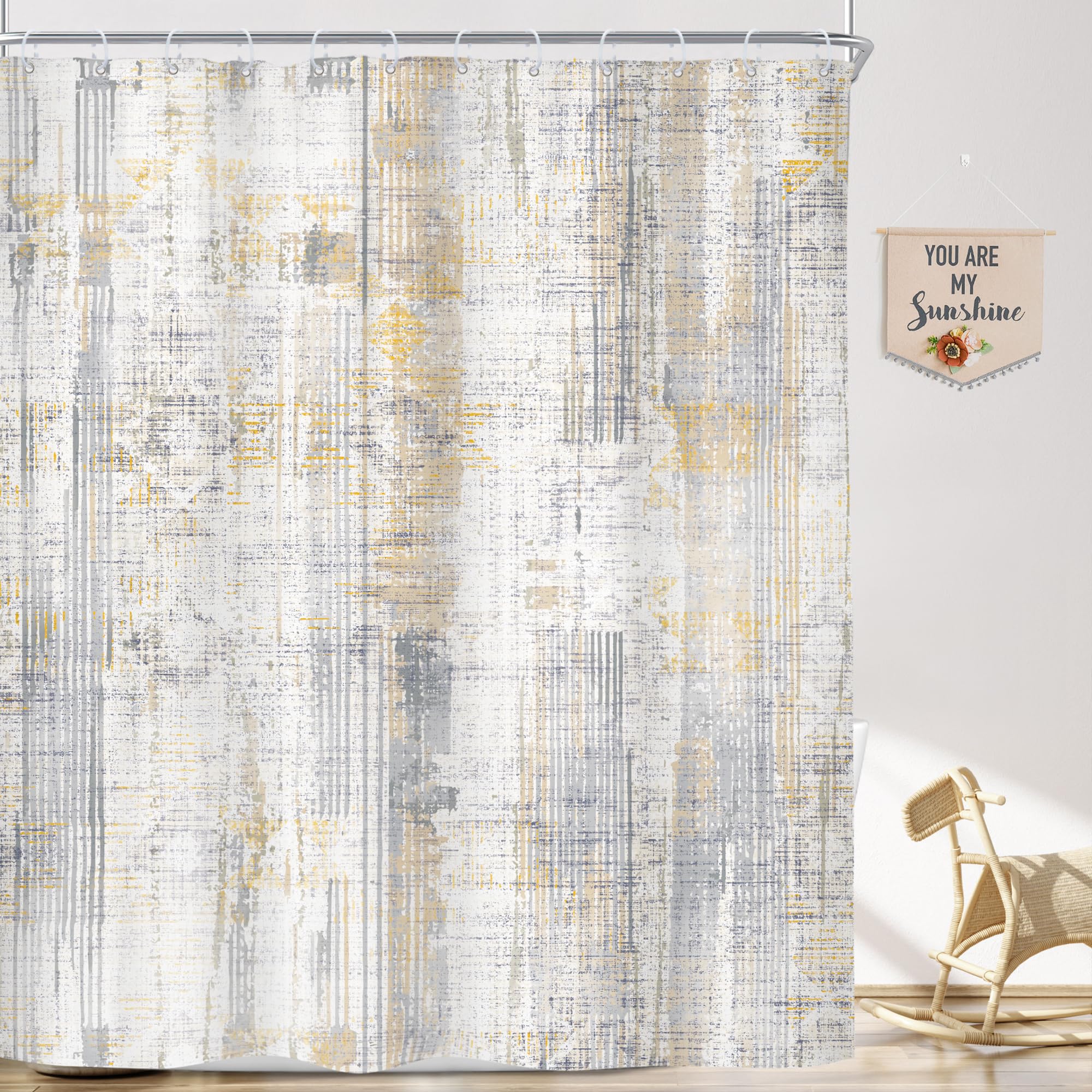 Riyidecor Abstract Blue Brown Grey Shower Curtain Modern Simple Lines Minimalist Geometric 60Wx72H Inch Aesthetic Contemporary N