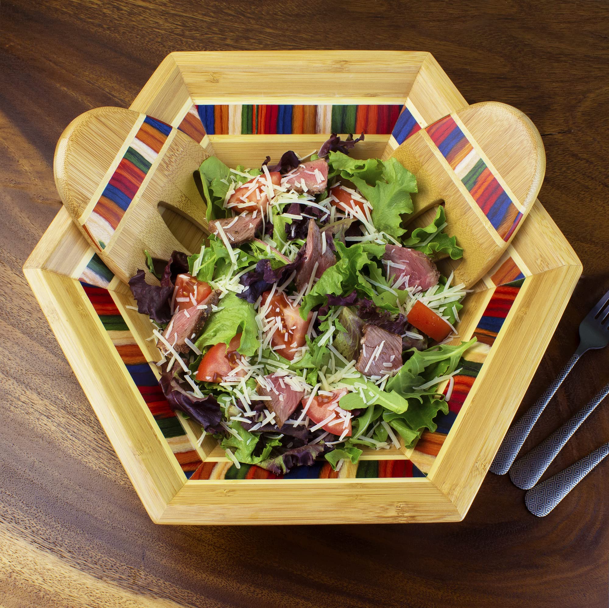 Totally Bamboo 14" Marrakesh Salad Serving Bowl with Salad Hands, Birch Wood, Large, Model 20-9571
