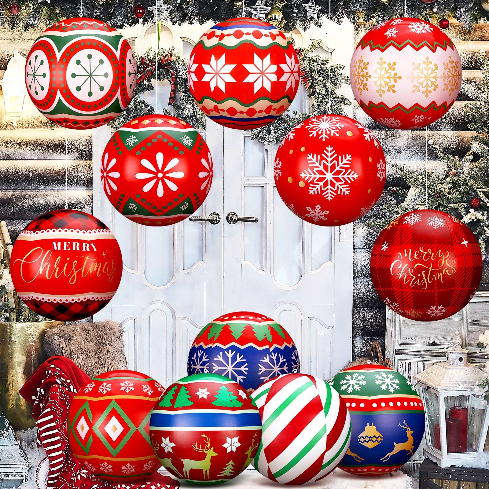Jetec 12 Pcs Inflatable Christmas Balls 12 Inch Inflatable Hanging Ball Outdoor Decorations PVC Large Ball Ornaments for Xmas Po