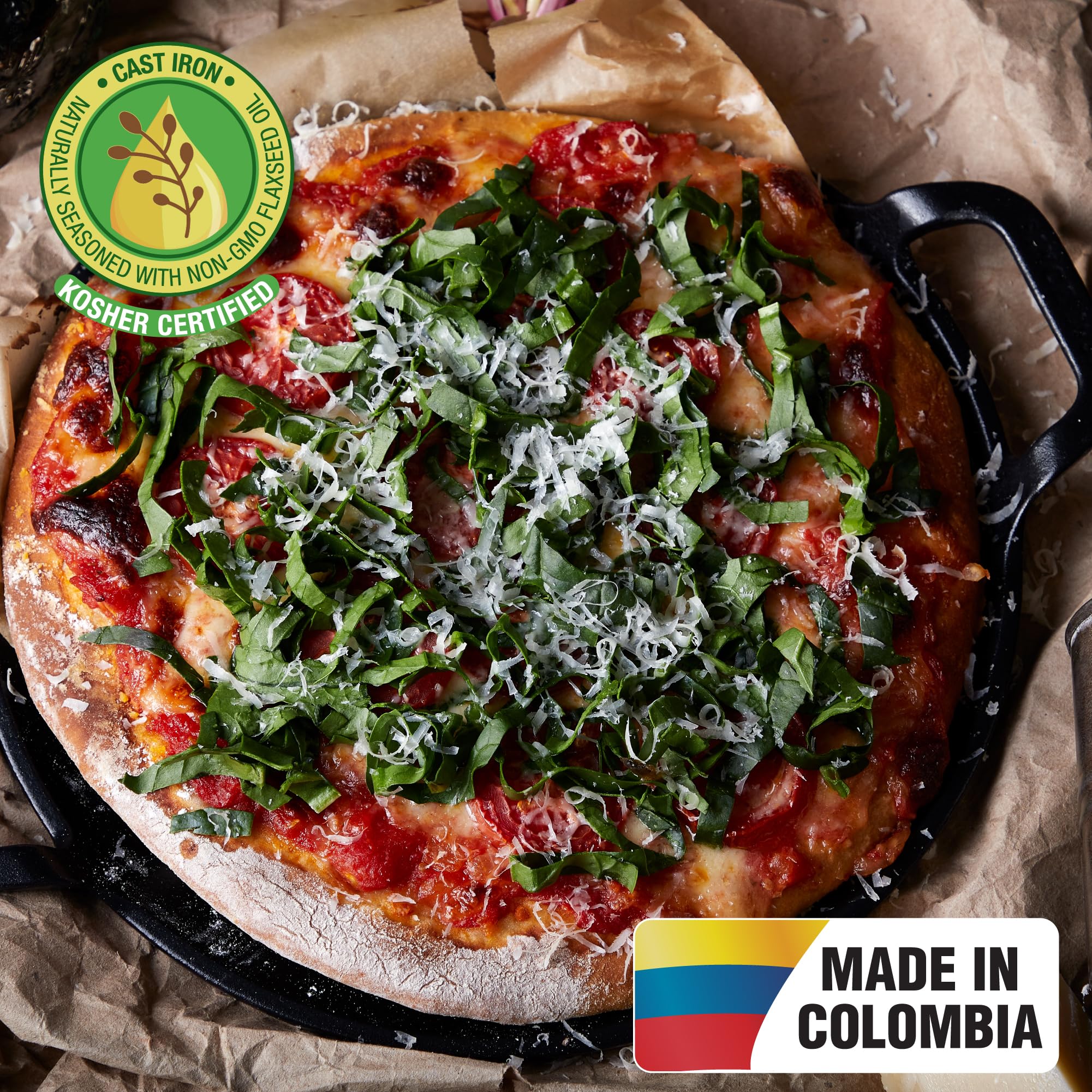 Victoria Cast Iron Comal Pizza Pan, 10-Inch, Preseasoned, Black, Model GDL-185, 2 Side Handles, Made in Colombia