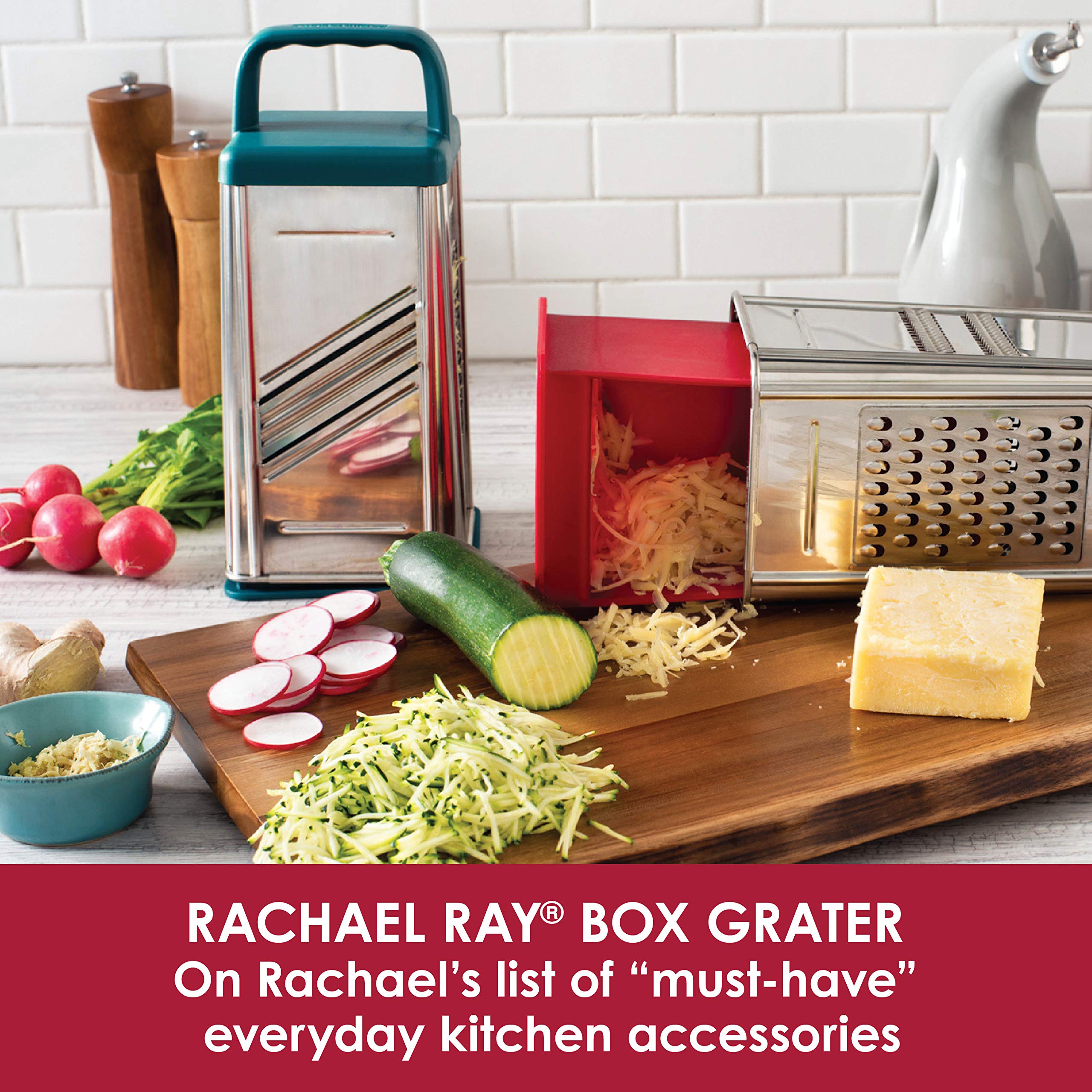 Rachael Ray Tools And Gadgets Stainless Steel Box Grater For Vegetables, Chocolate, Hard Cheeses, And More, Red(9.43 X 8.84 X 8.