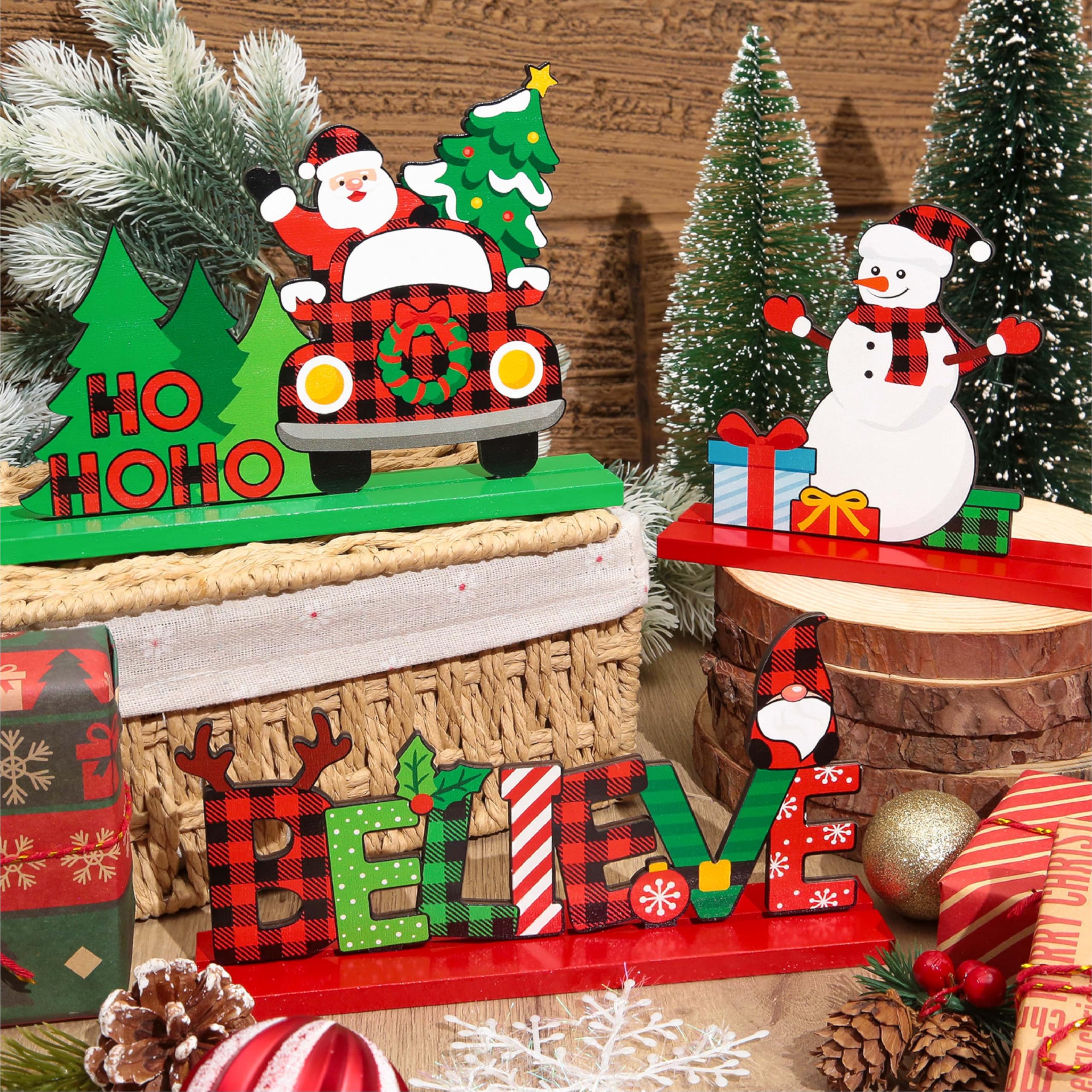 Golibra 6PCS Wooden Christmas Decorations, Buffalo Plaid Table Decorations, Holiday Centerpiece Signs with Santa, Snowman, Gnome