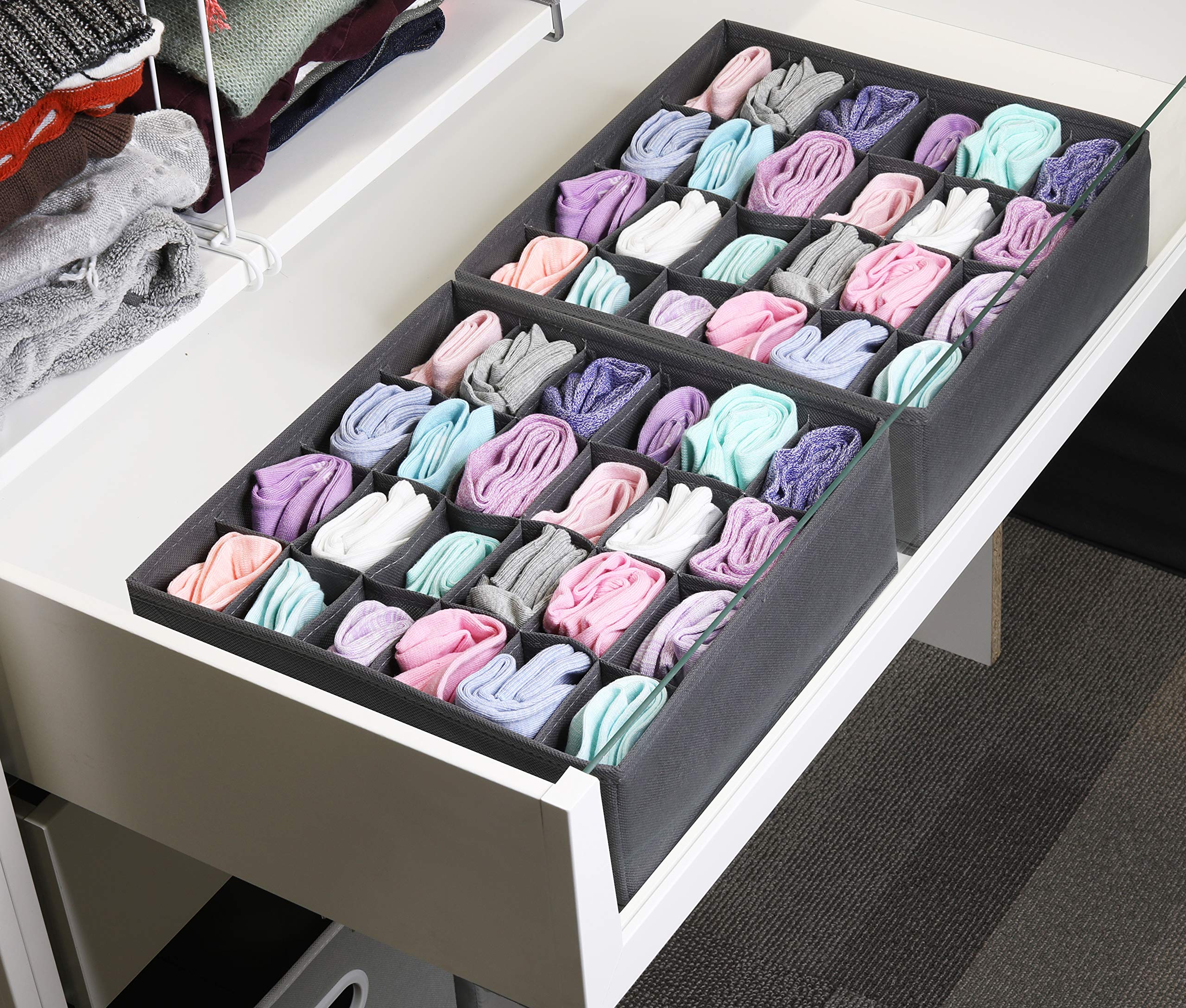 Simple Houseware 2 Pack Closet Socks Organizer, 24 Cell Drawer Divider, Dark Grey