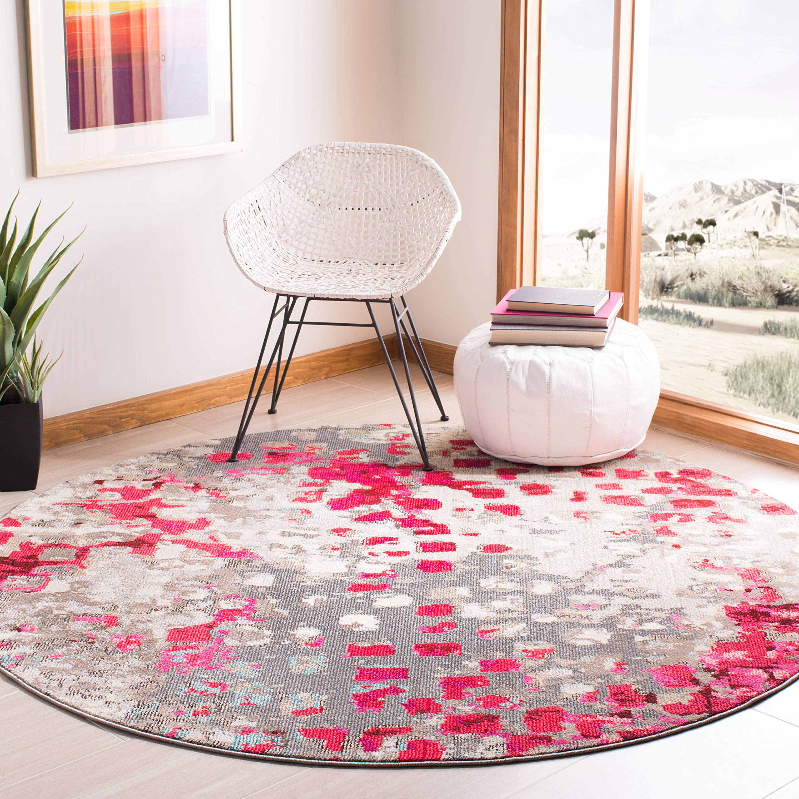 SAFAVIEH Madison Collection 67 Round Grey / Red MAD425R Boho Abstract Distressed Non-Shedding Dining Room Entryway Foyer Living